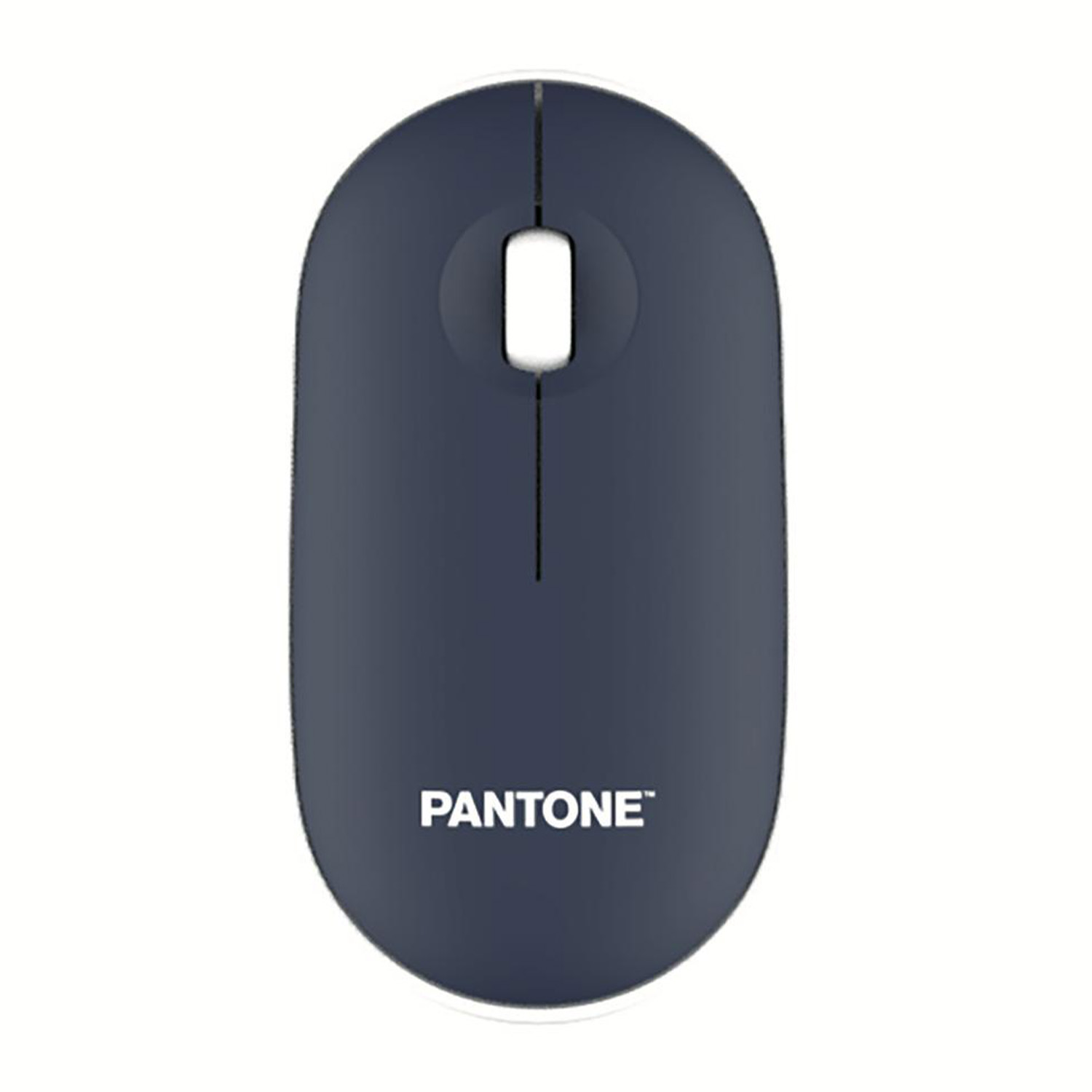Un mouse Pantone blu scuro su sfondo bianco. Il mouse è di forma ovale con un'area di scorrimento centrata e il logo Pantone.