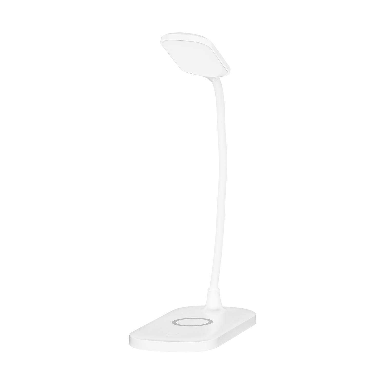 Una lampada da scrivania bianca con testa rettangolare e stelo curvo. La base ha un simbolo di ricarica.