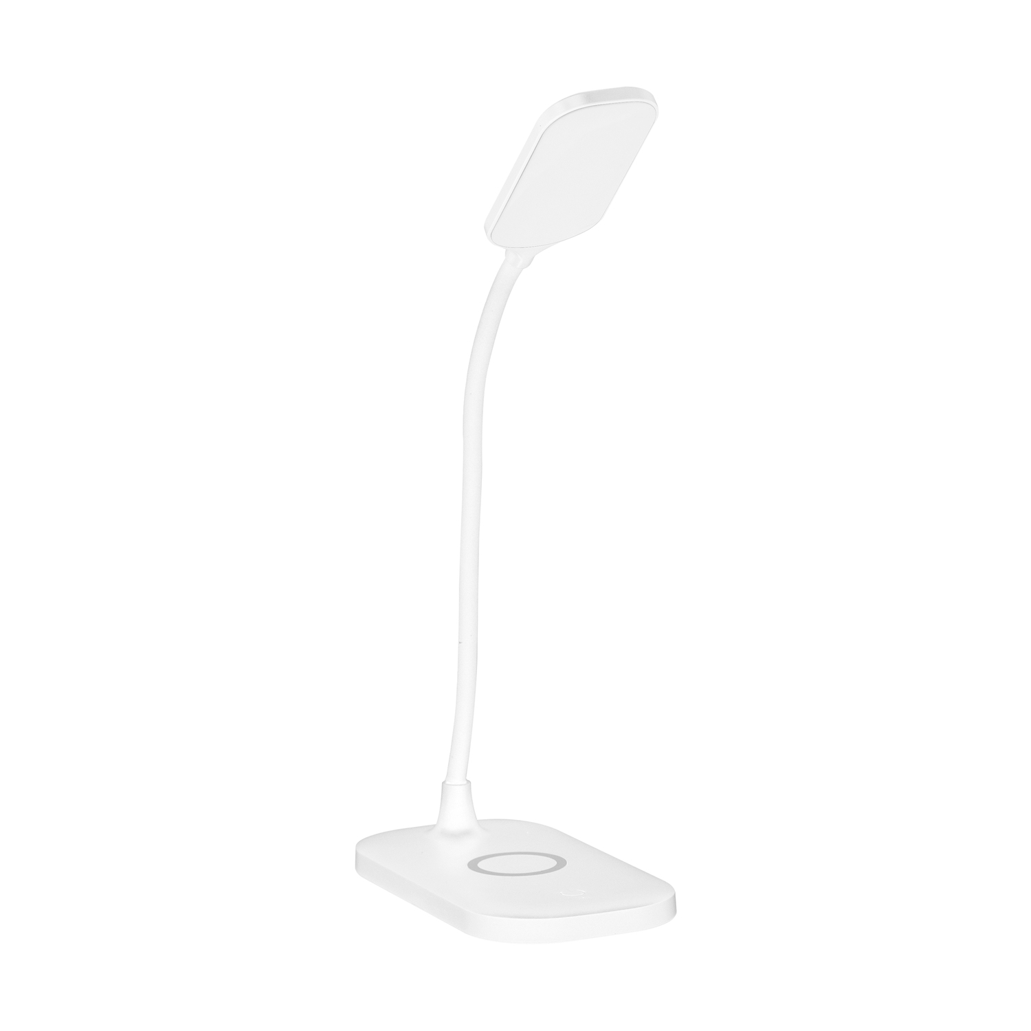 Una lampada da scrivania bianca con testa rettangolare. Ha un collo flessibile e una base rettangolare con un design circolare.