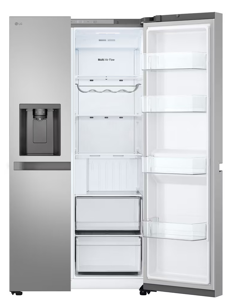 Lodówka LG ze stali nierdzewnej z otwartymi drzwiami. Wnętrze ma półki, szuflady i dozownik wody.