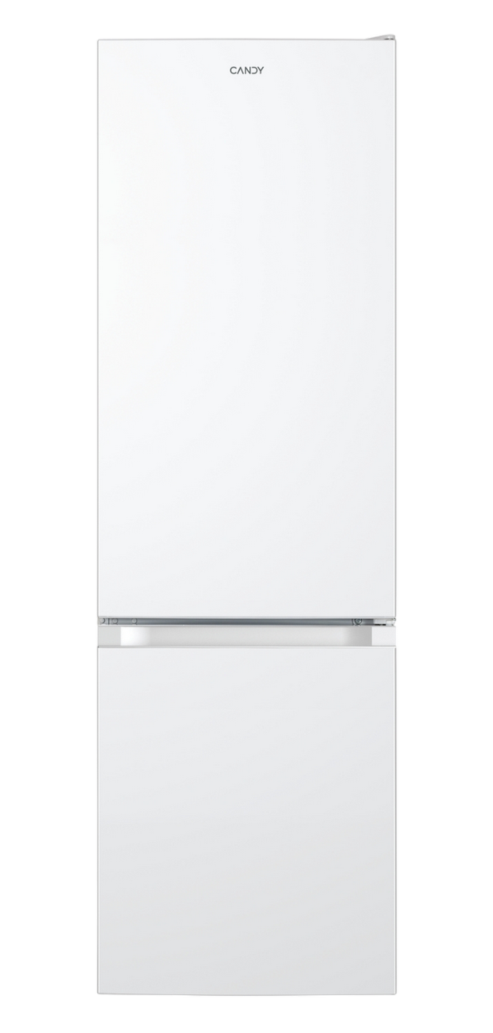 Un refrigerador blanco Candy con dos puertas sobre un fondo gris. El logotipo de Candy es visible en la puerta superior.