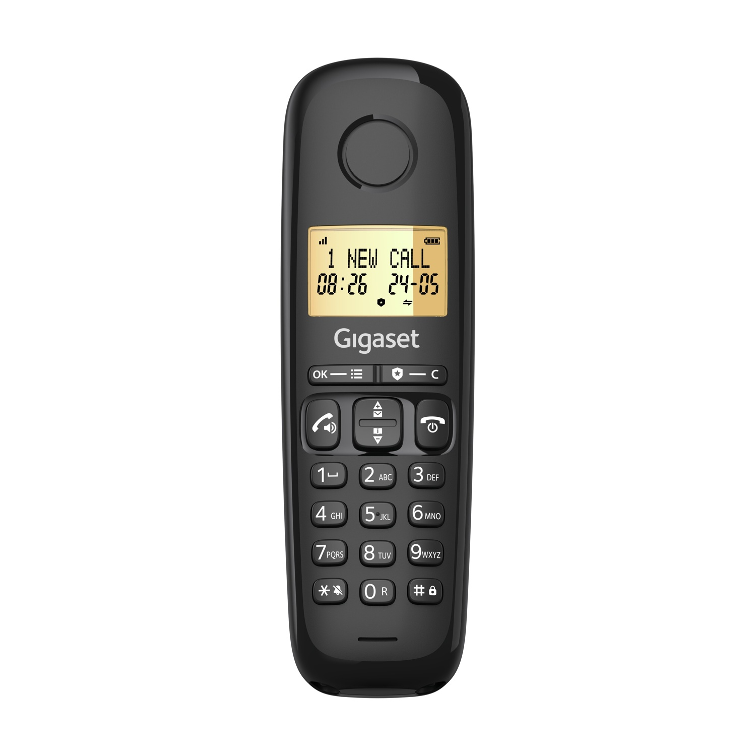 Telefono cordless nero con schermo che mostra '1 NEW CALL'. Pulsanti con numeri e simboli. Il marchio è Gigaset.