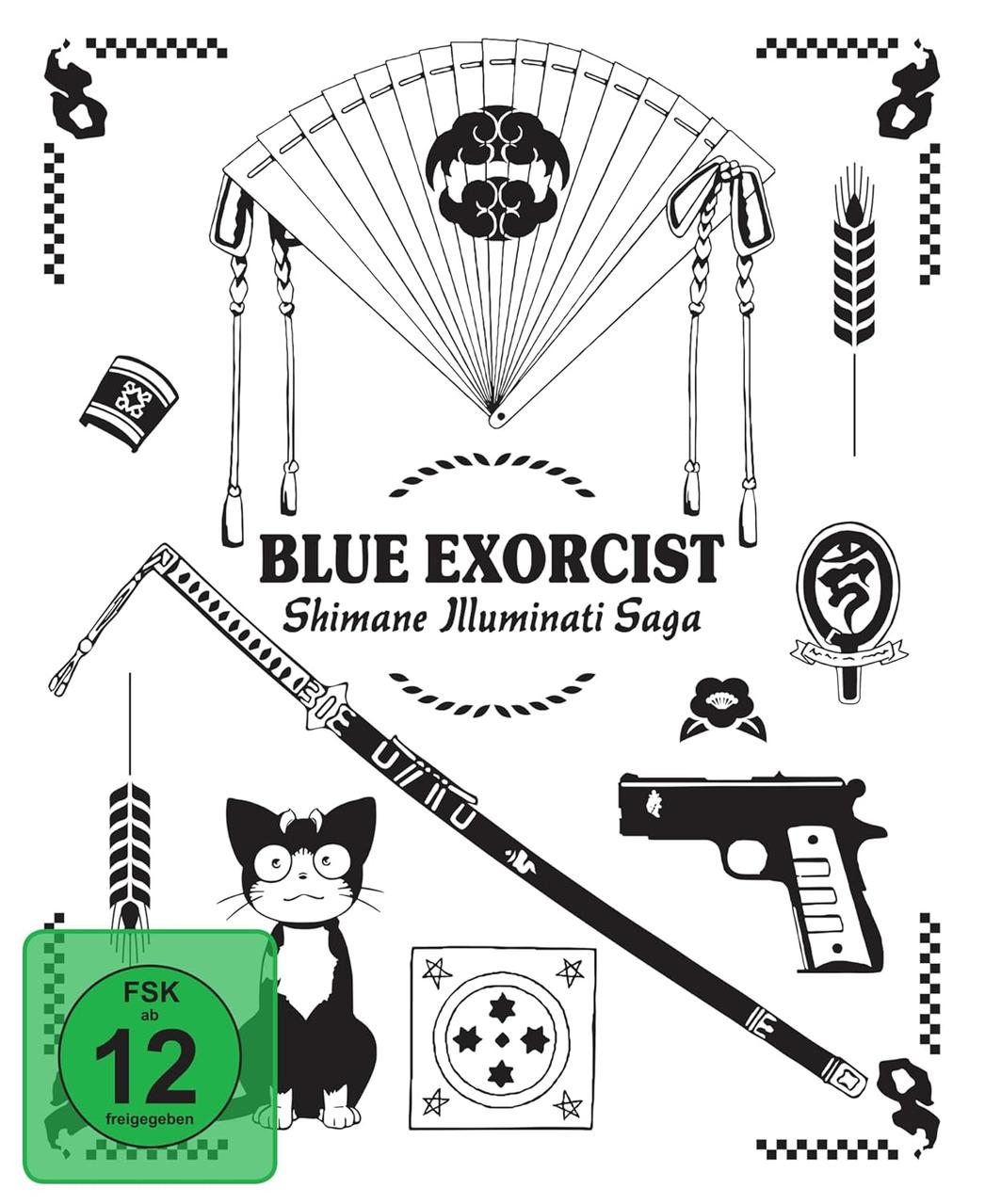 Schwarz-Weiß-Illustration mit Fächer, Katze, Schwert, Pistole und Text 'Blue Exorcist'. Enthält eine FSK 12 Bewertung.