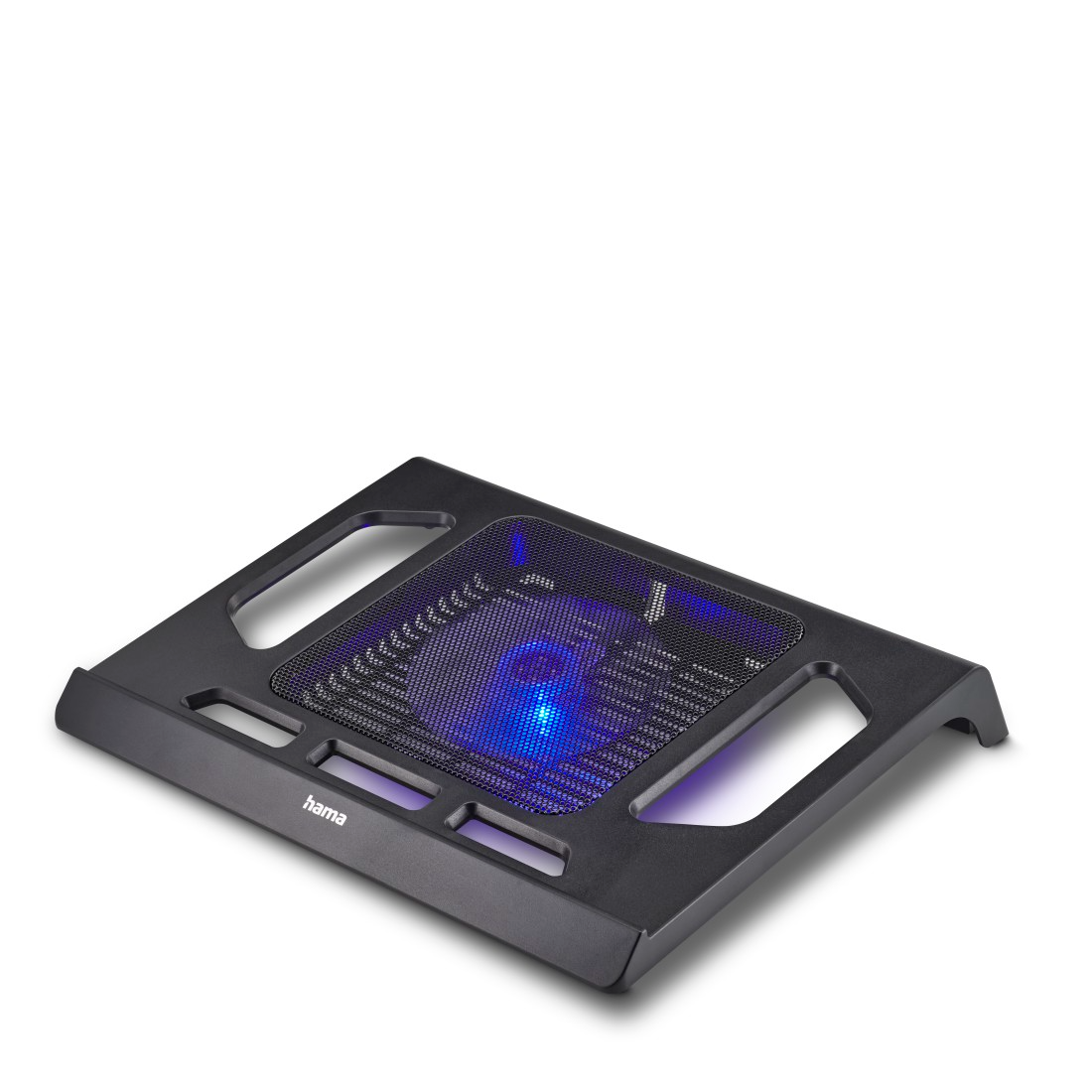 Egy fekete laptop hűtő kék LED-es lámpákkal fehér háttéren. A "hama" márkanév látható.