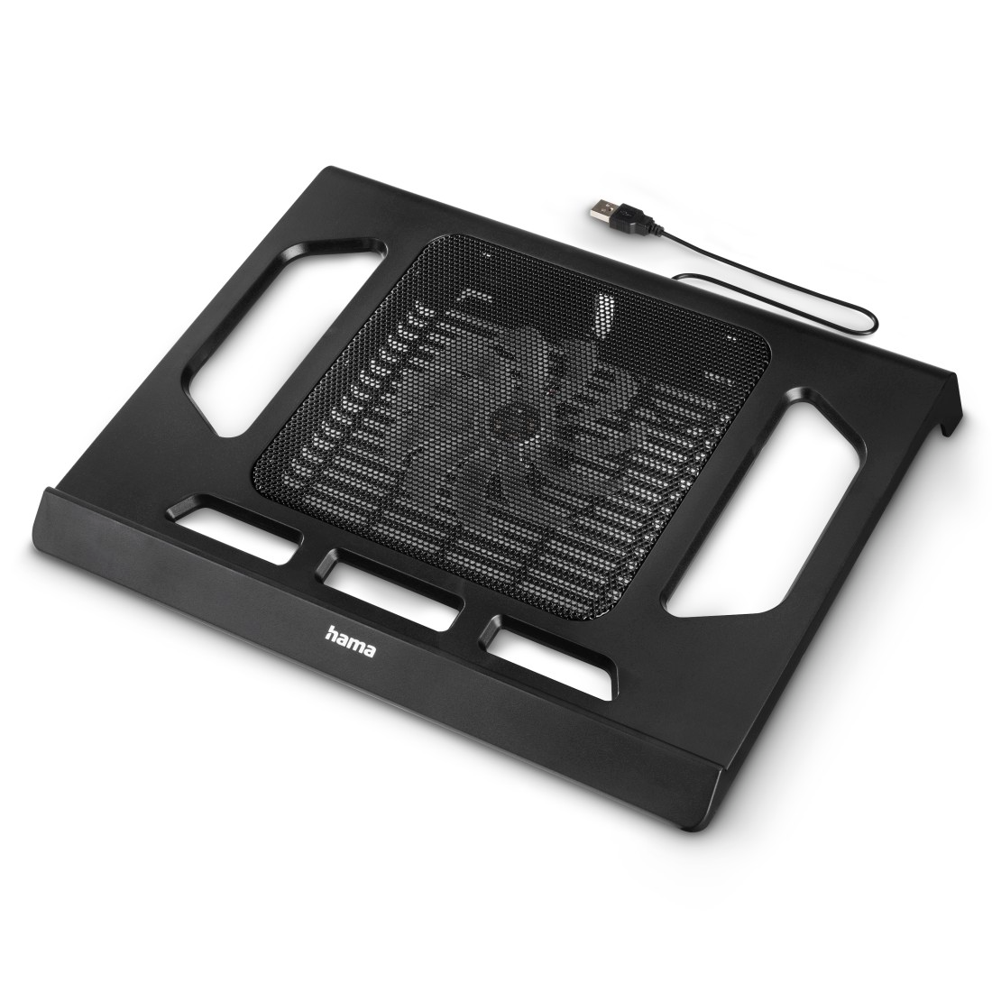 Fekete laptop hűtőpad hálós felülettel és USB kábellel. A "hama" márka látható.
