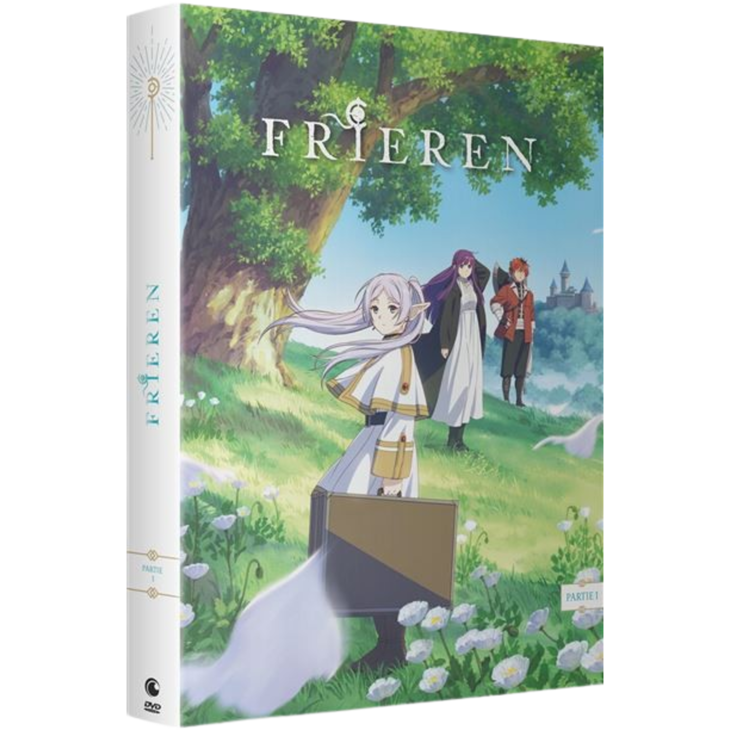 Couverture DVD d'anime. Une fille aux cheveux blancs se tient dans un champ. Deux autres personnages sont à l'arrière-plan. Le titre est FRIEREN.