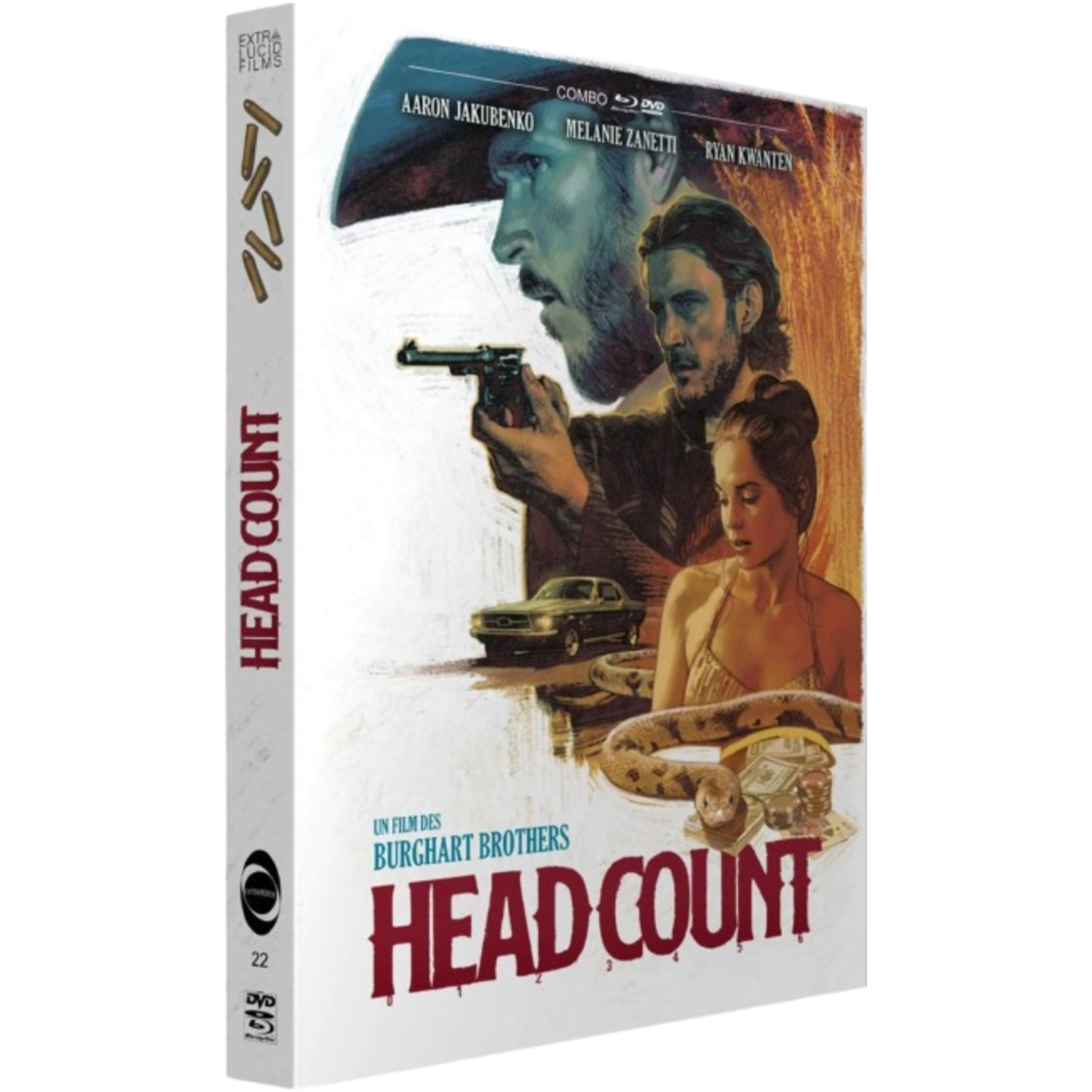Filmaffiche: Mannen met wapens, auto, vrouw, slang, geld. Titel: Head Count. Acteurs: Aaron Jakubenko, Melanie Zanetti, Ryan Kwanten.