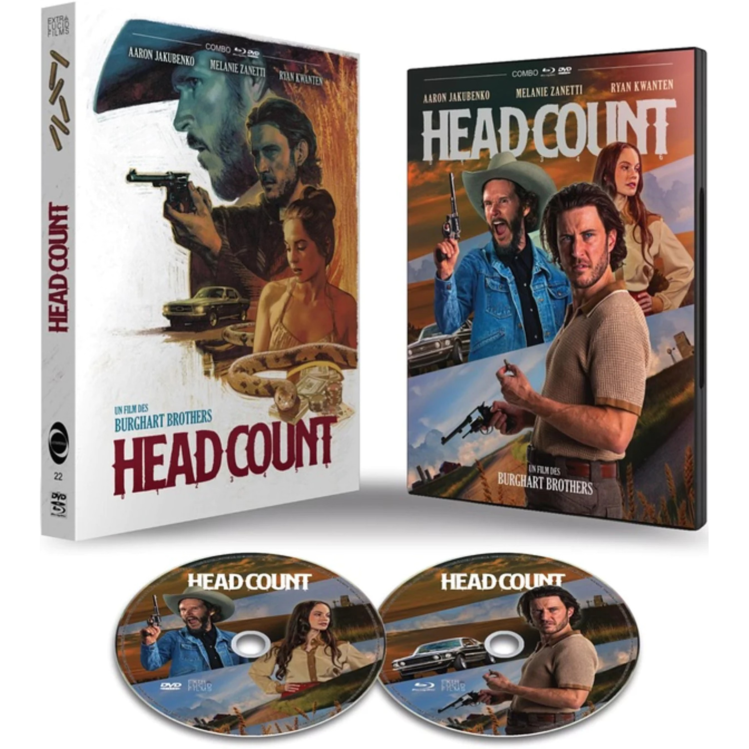 Filmaffiche voor 'Head Count' met acteurs met pistolen, een auto en een slang op een dvd- en Blu-ray-set.