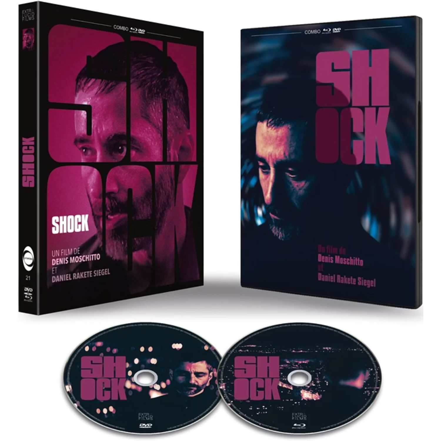 DVD box set of the movie "SHOCK". It features a man's face, the title, and the names of the director and actor.
