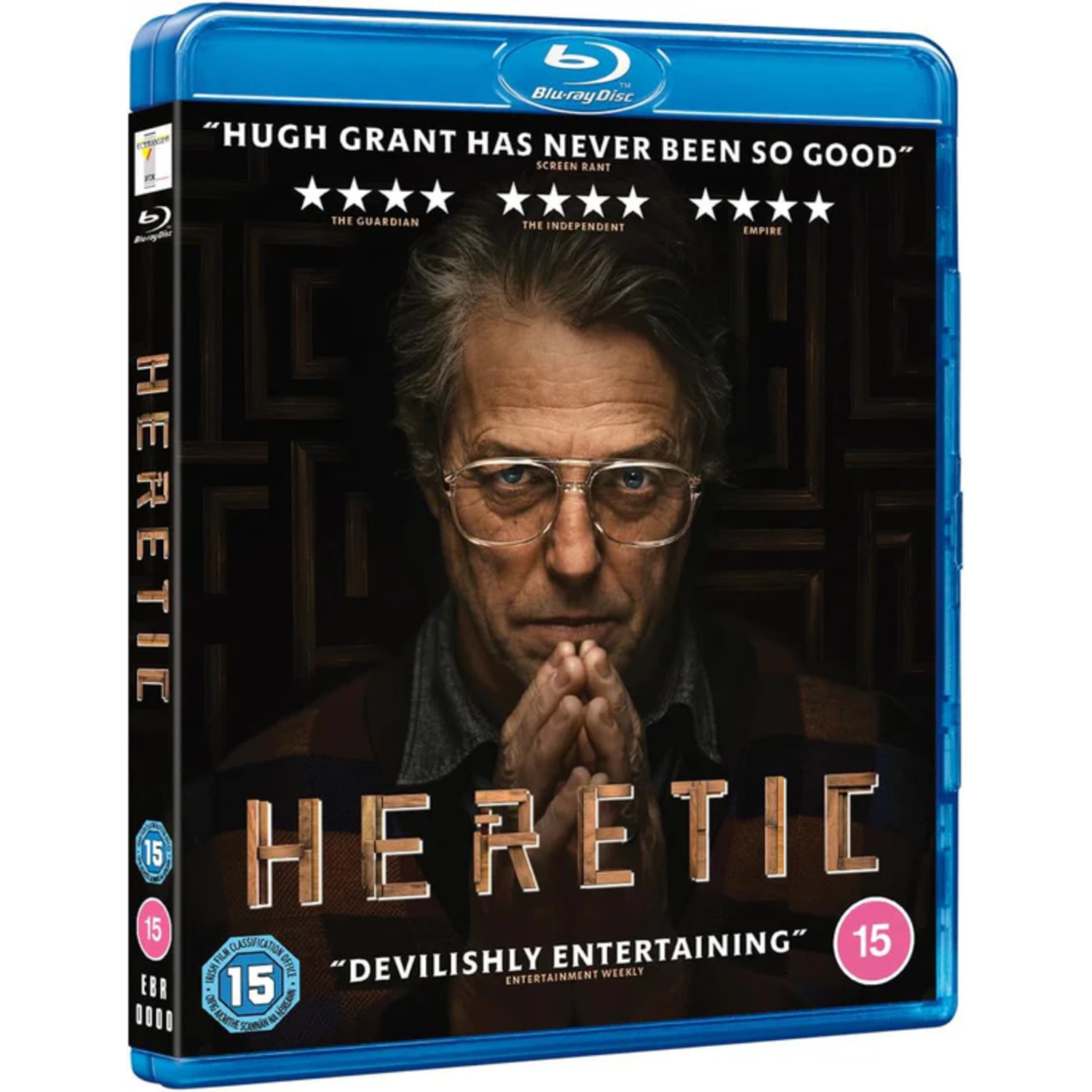 Blu-ray cover of 'Heretic' with Hugh Grant. The cover has text and ratings. Grant is in the center, with hands clasped.