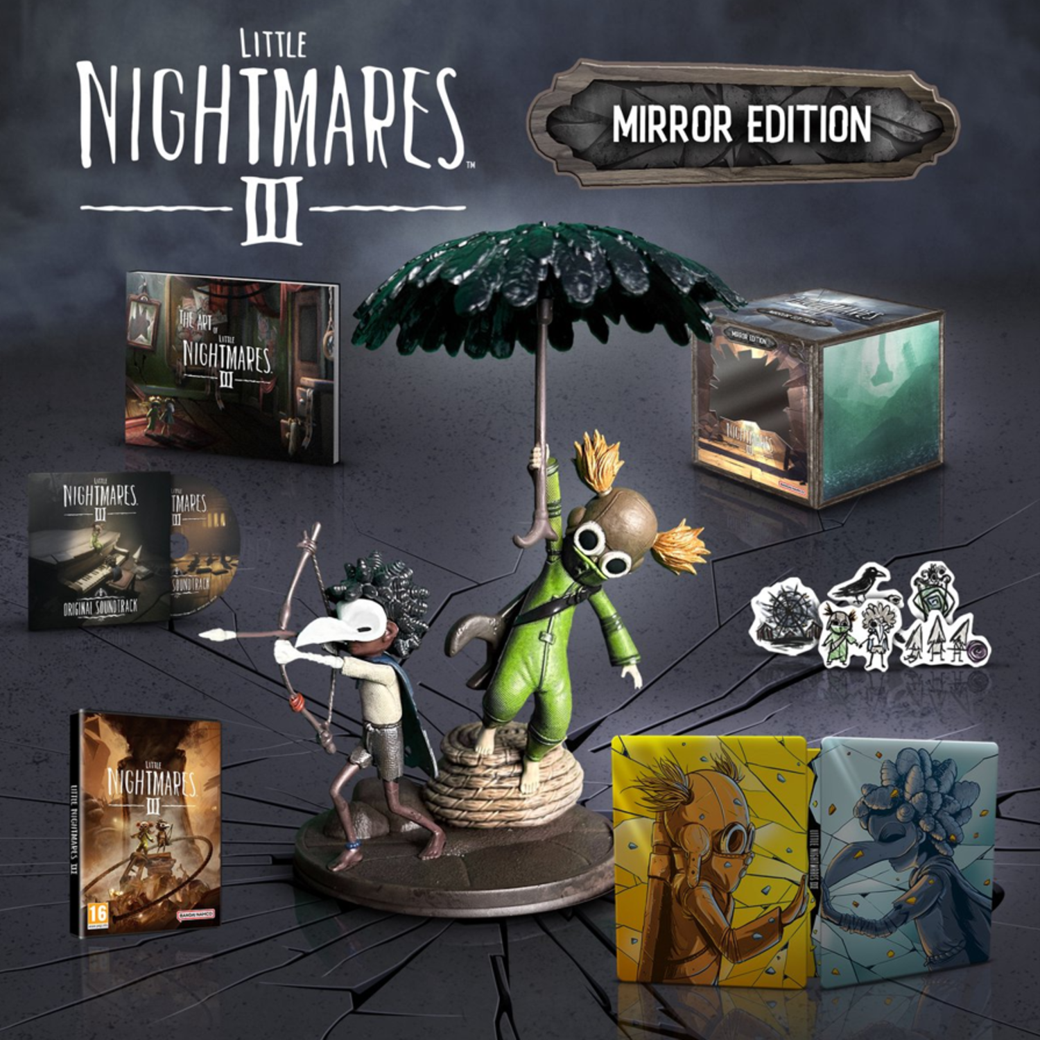 Een promotieafbeelding voor Little Nightmares III toont game-merchandise, waaronder een beeldje, game-cases, een artbook en een soundtrack.
