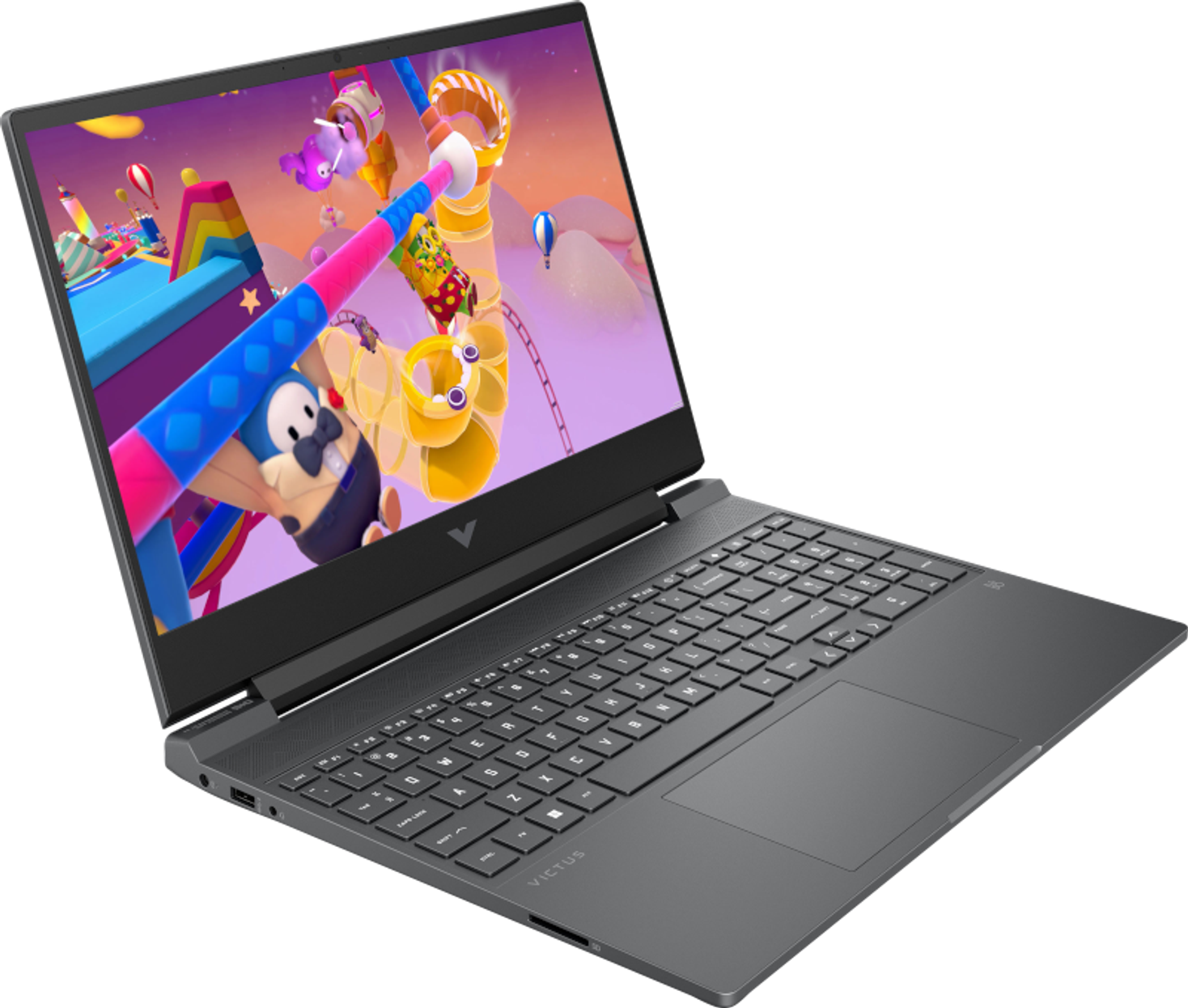 Ein grauer Laptop zeigt eine farbenfrohe Spielszene. Eine Figur in einem blauen Anzug ist sichtbar. Tastatur und Touchpad sind im Vordergrund.