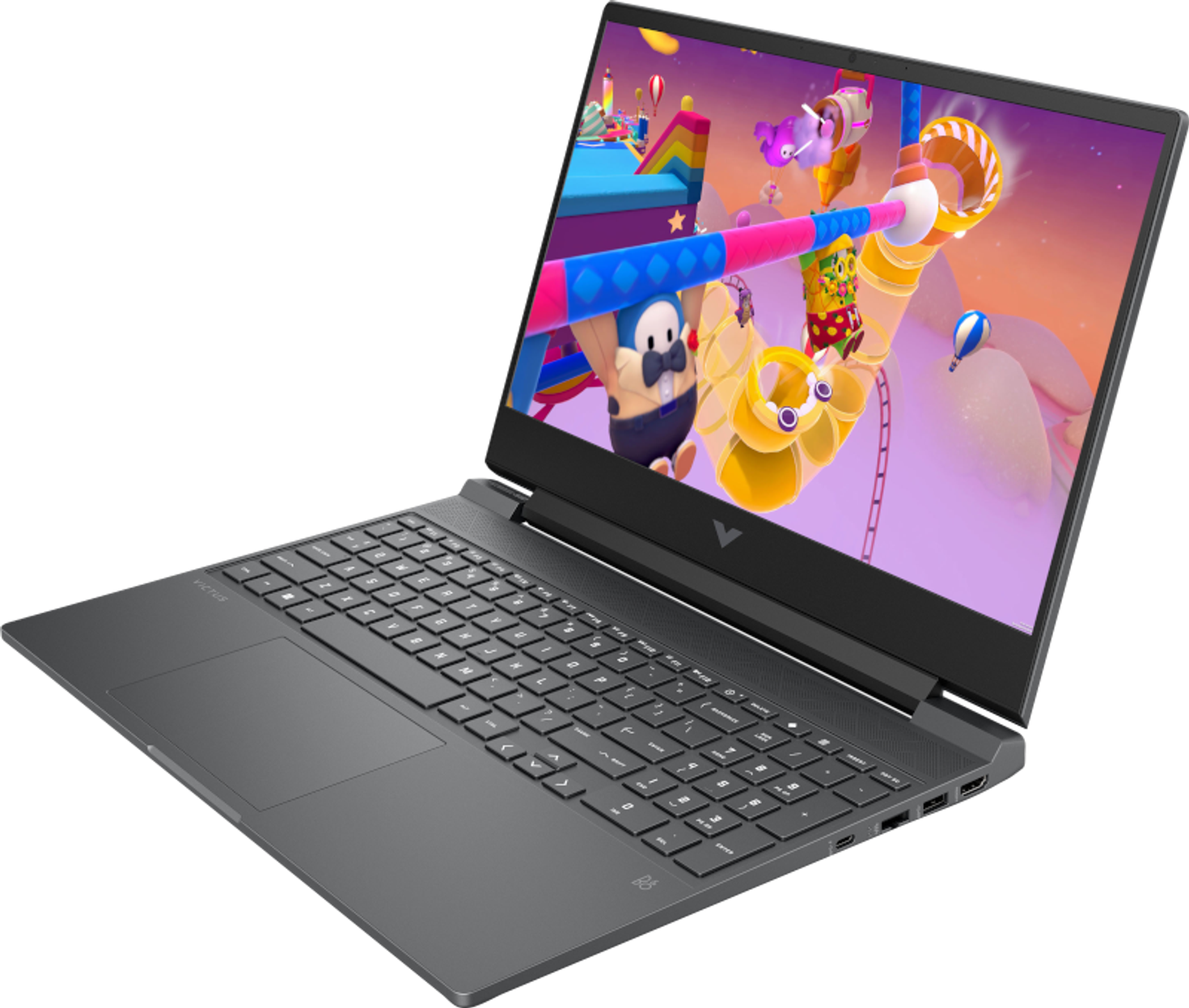 Ein grauer Laptop zeigt ein farbenfrohes Videospiel. Der Bildschirm zeigt Cartoon-Figuren auf einem Hindernisparcours mit rosa und blauen Elementen.