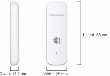 Fehér Huawei USB modem, elülső és oldalsó nézet, méretekkel: magasság 88 mm, szélesség 28 mm, mélység 11,5 mm.