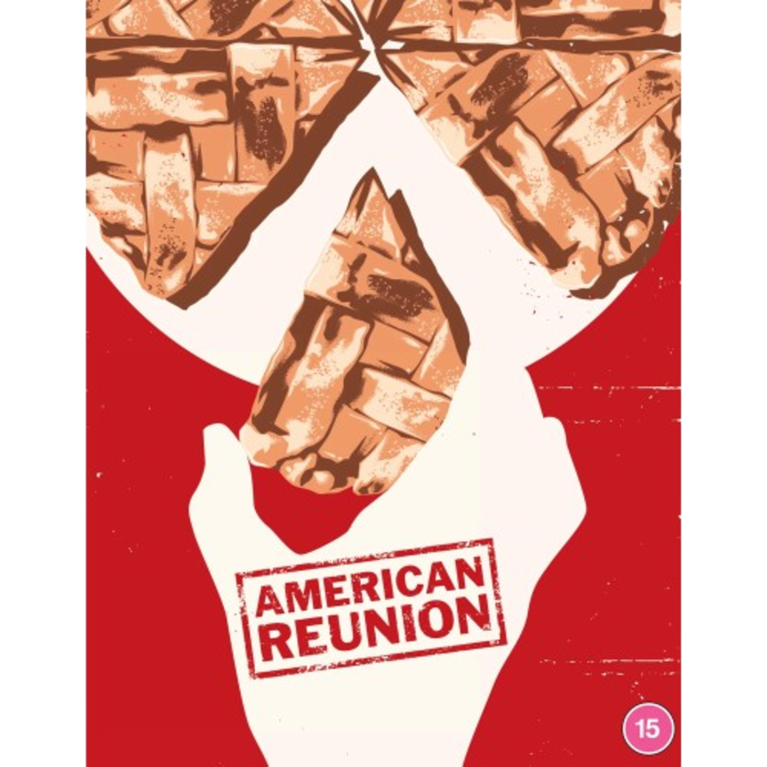 Une main tient une part de tarte. La tarte est sur une assiette blanche. Le fond est rouge et porte le texte 'AMERICAN REUNION'.