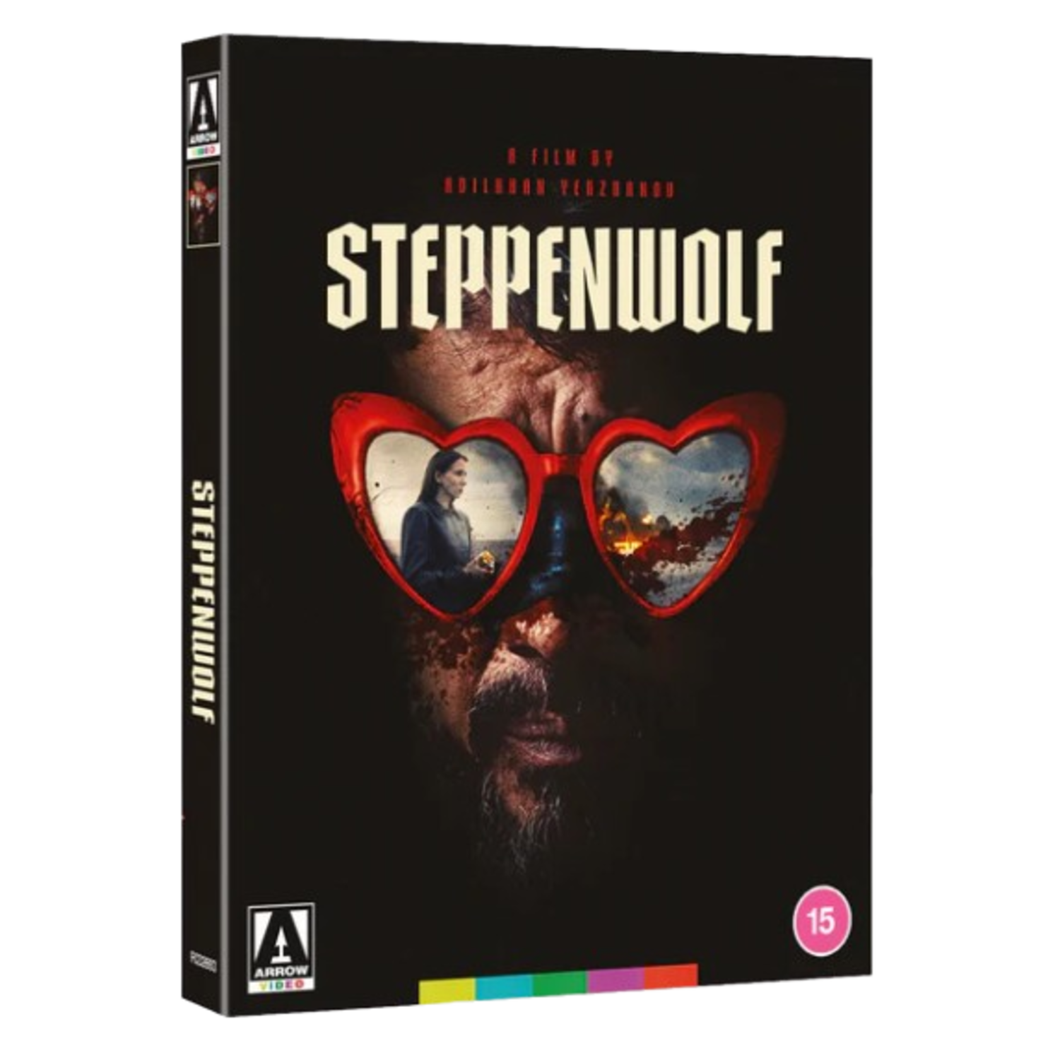 Couverture du film Steppenwolf. Un homme avec des lunettes rouges en forme de cœur. Texte Steppenwolf, une femme réfléchie. Classement 15.