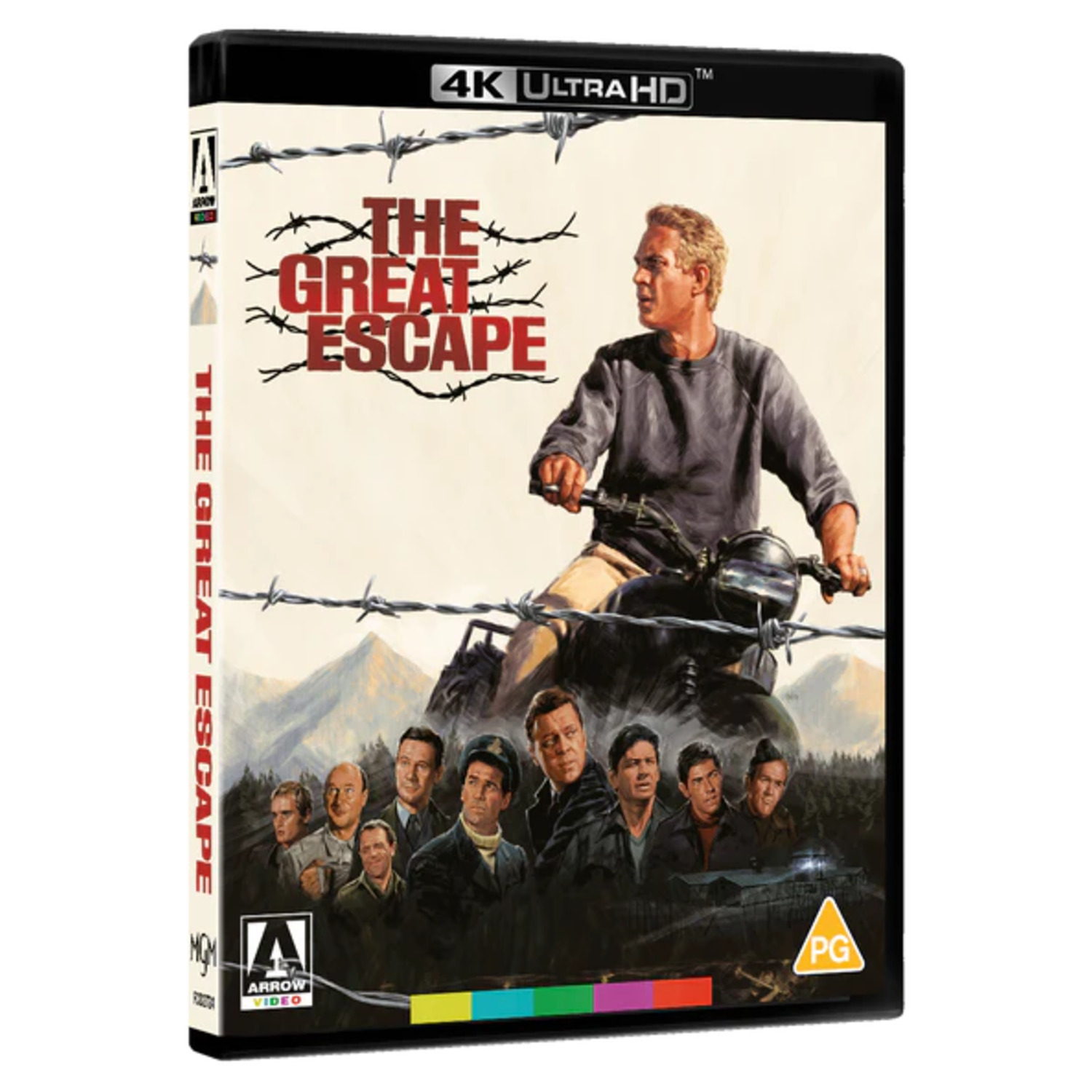Movie cover for The Great Escape. A man on a motorcycle, barbed wire, and a group of men. The cover is 4K Ultra HD.