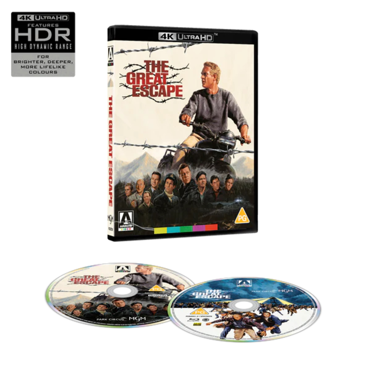 The Great Escape Blu-ray. A man on a motorcycle, movie cover with other men. Discs with the movie cover.