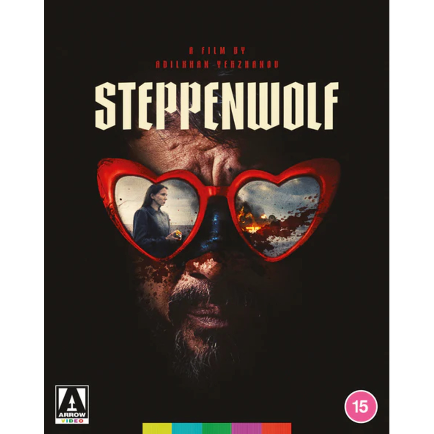 Couverture de film. Visage avec des lunettes en forme de cœur reflétant une femme et du feu. Titre : Steppenwolf.