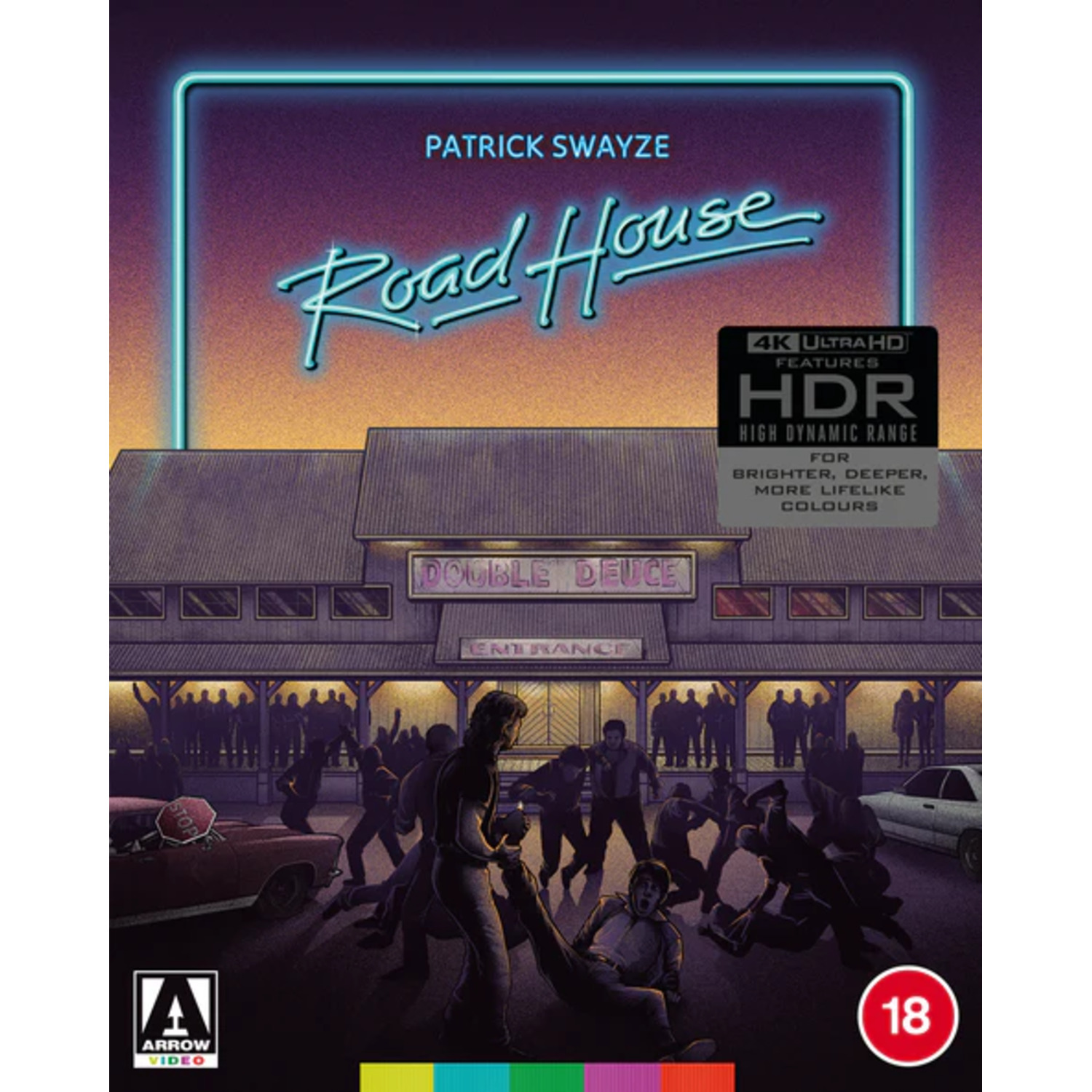 Cover art of Road House movie. Patrick Swayze's name and movie title are above a bar scene with a fight. HDR logo and 18 rating.