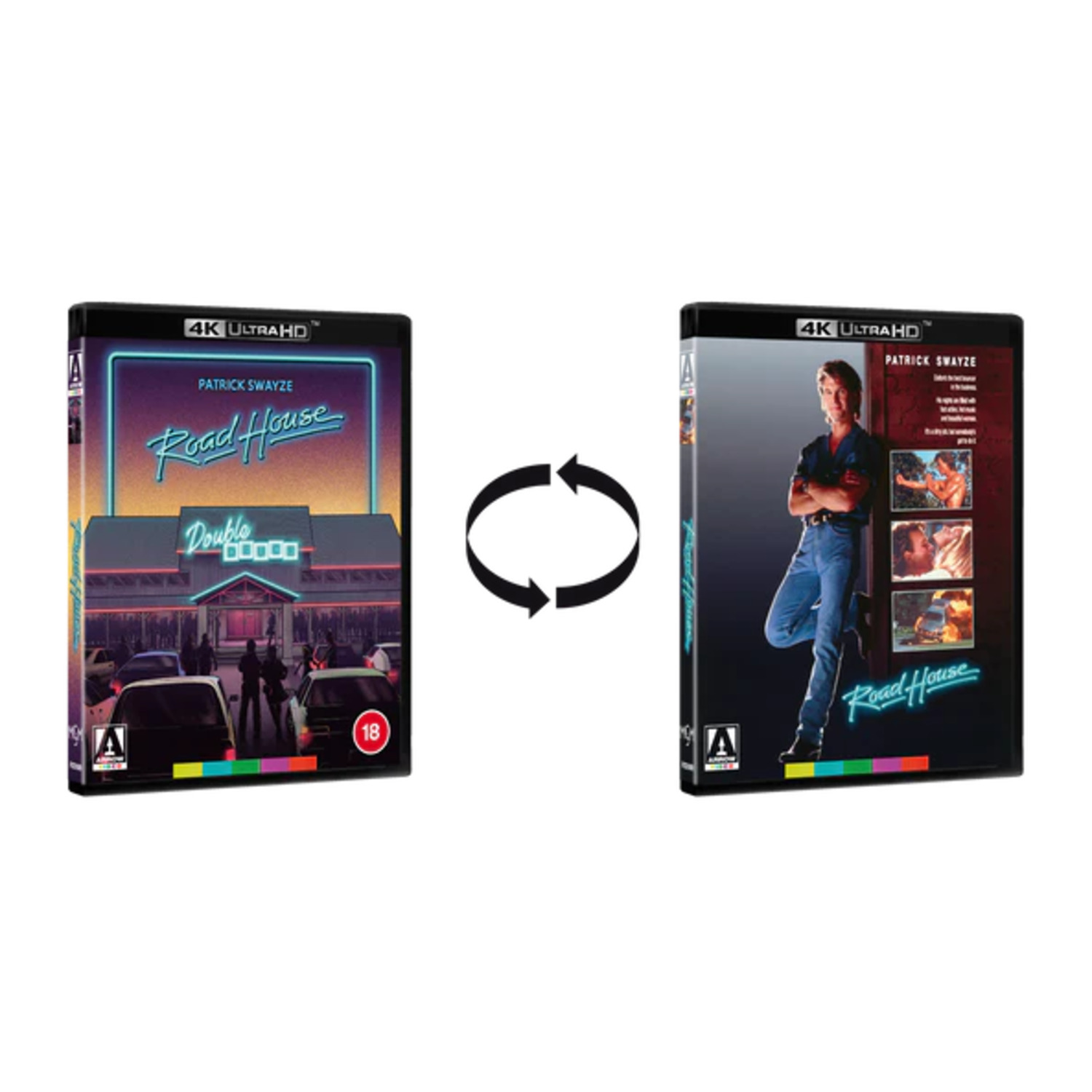 Two DVD covers of 'Road House'. One shows a diner scene, the other Patrick Swayze. Both have '4K ULTRAHD' and '18' labels.