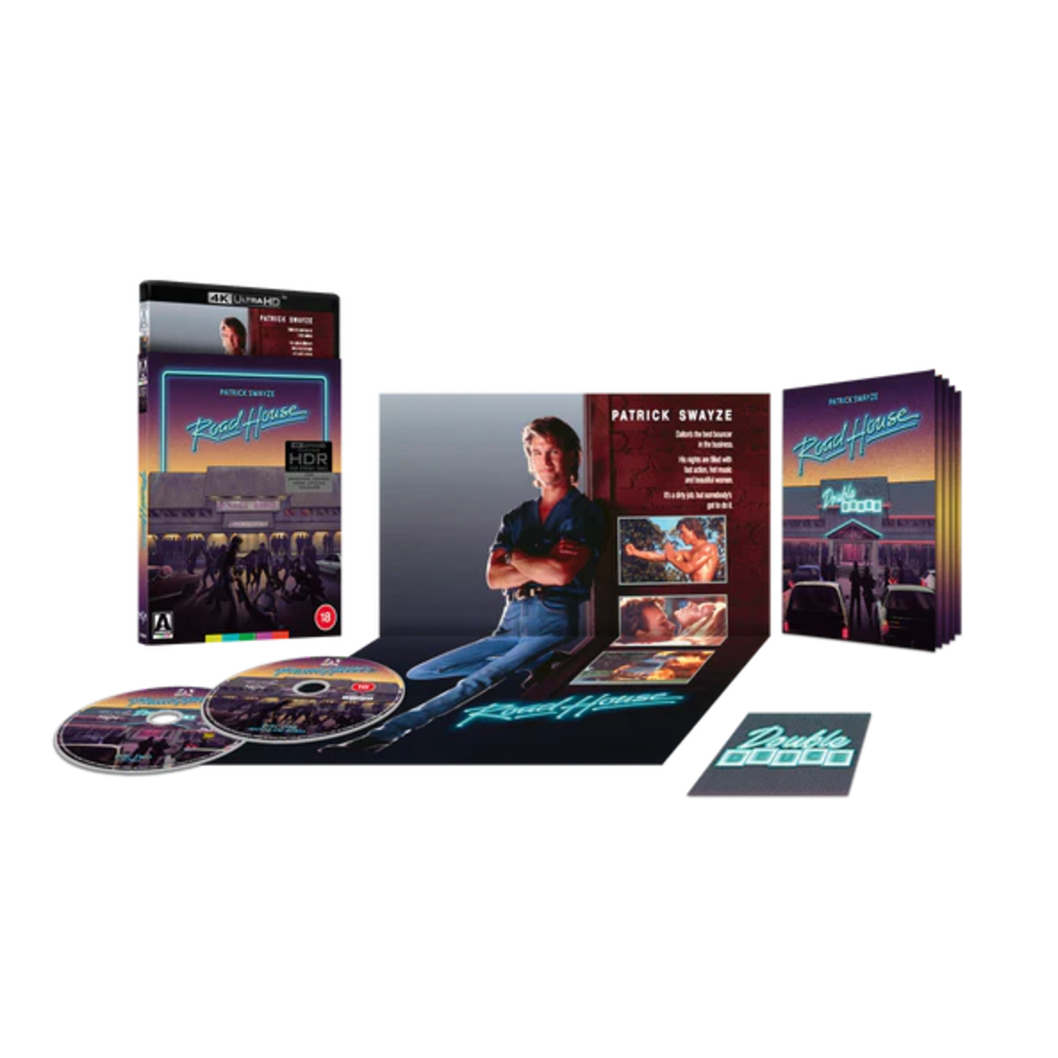 Road House Blu-ray set with Patrick Swayze. Includes discs, case, and booklet. Features neon text and stills from the movie.