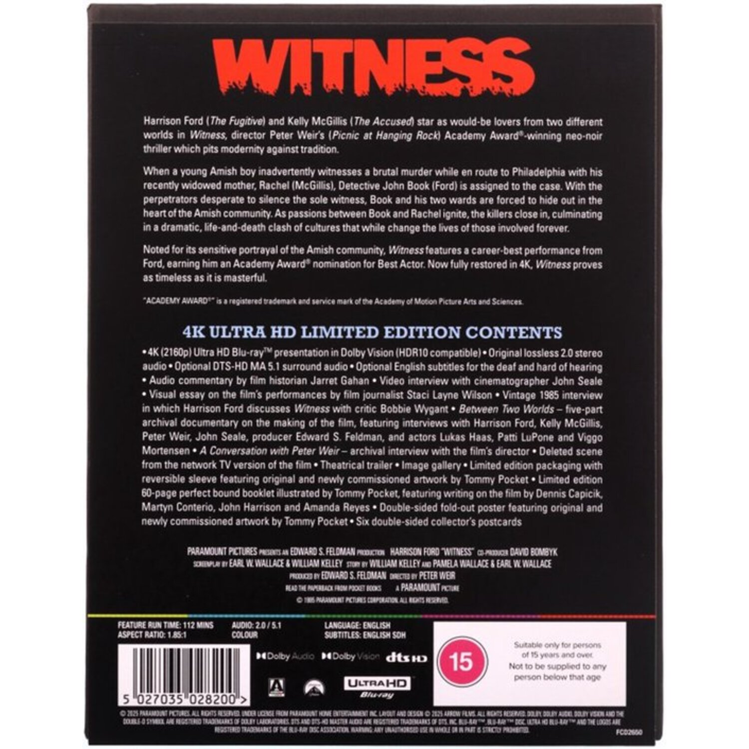 Blu-ray box art for Witness. Features Harrison Ford, text, and a rating. Black background.