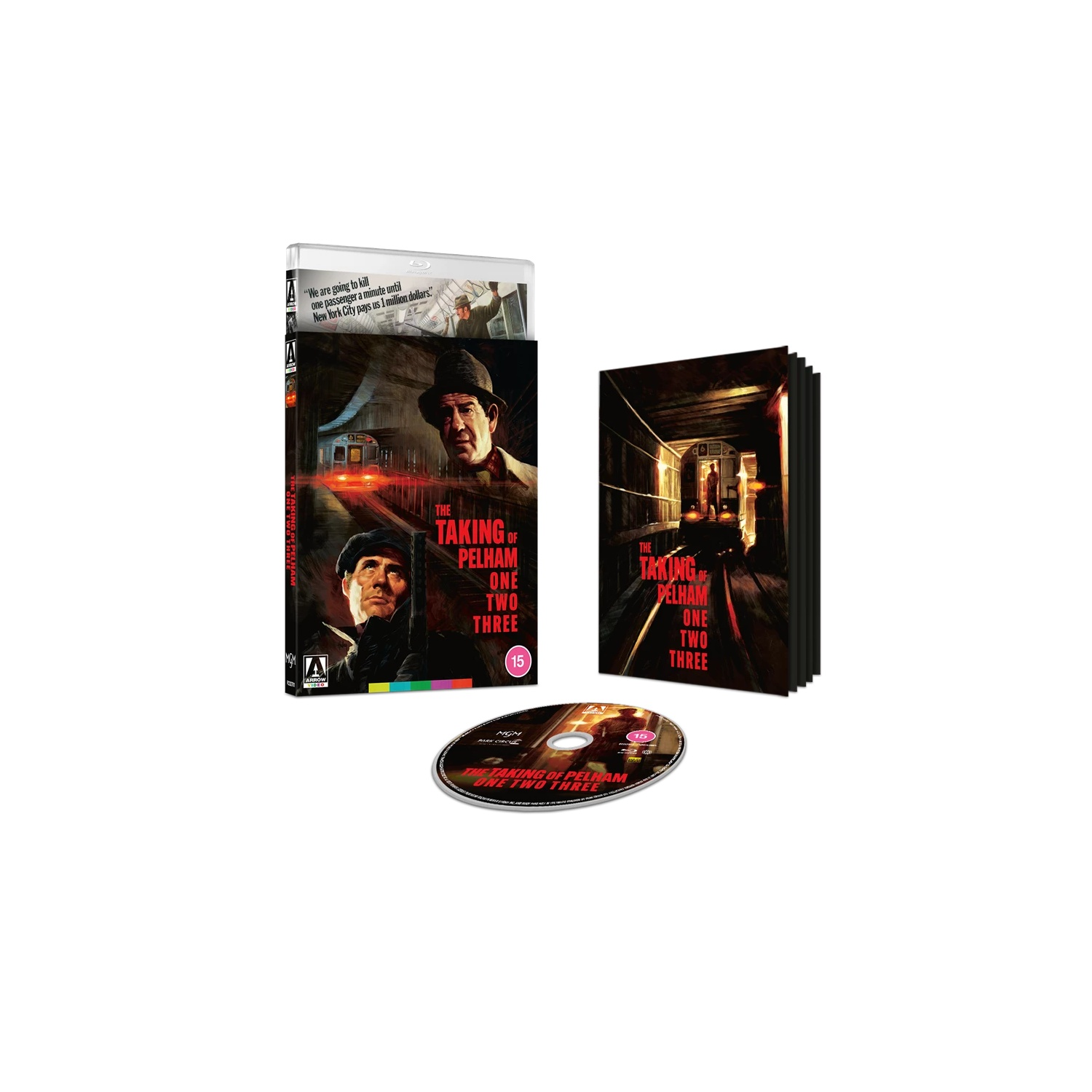 Blu-ray boxset van 'The Taking of Pelham One Two Three'. Inclusief disc, hoes en boekje. Artwork toont een metroscene en acteurs.