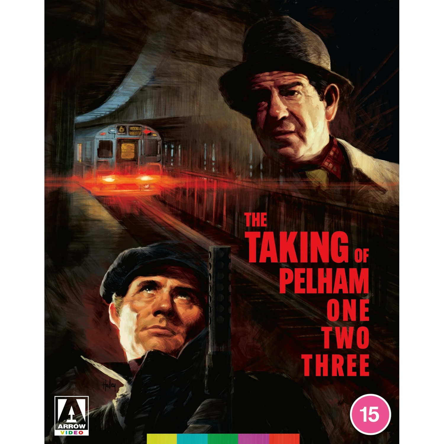Filmposter: Mannen in een metrostation. Eén kijkt omhoog, een ander draagt een hoed. Titel: The Taking of Pelham One Two Three.
