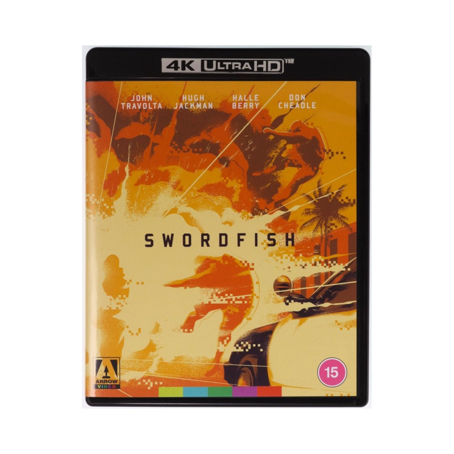 Swordfish filmhoes. Met John Travolta, Hugh Jackman, Halle Berry en Don Cheadle. Oranje achtergrond met auto en explosie.