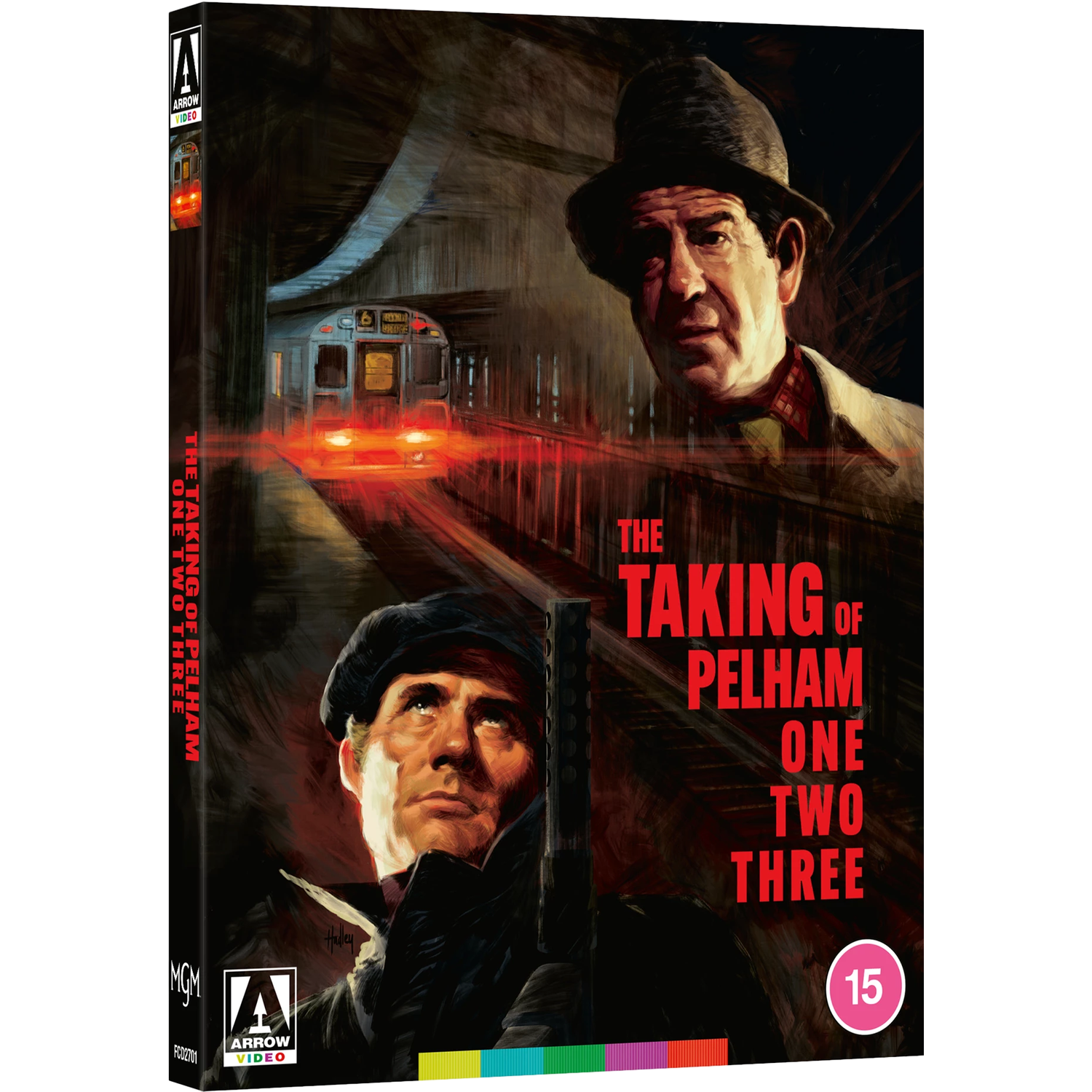 Filmaffiche: mannen in een metro, treinlichten. Titel: The Taking of Pelham One Two Three. Beoordeling 15.