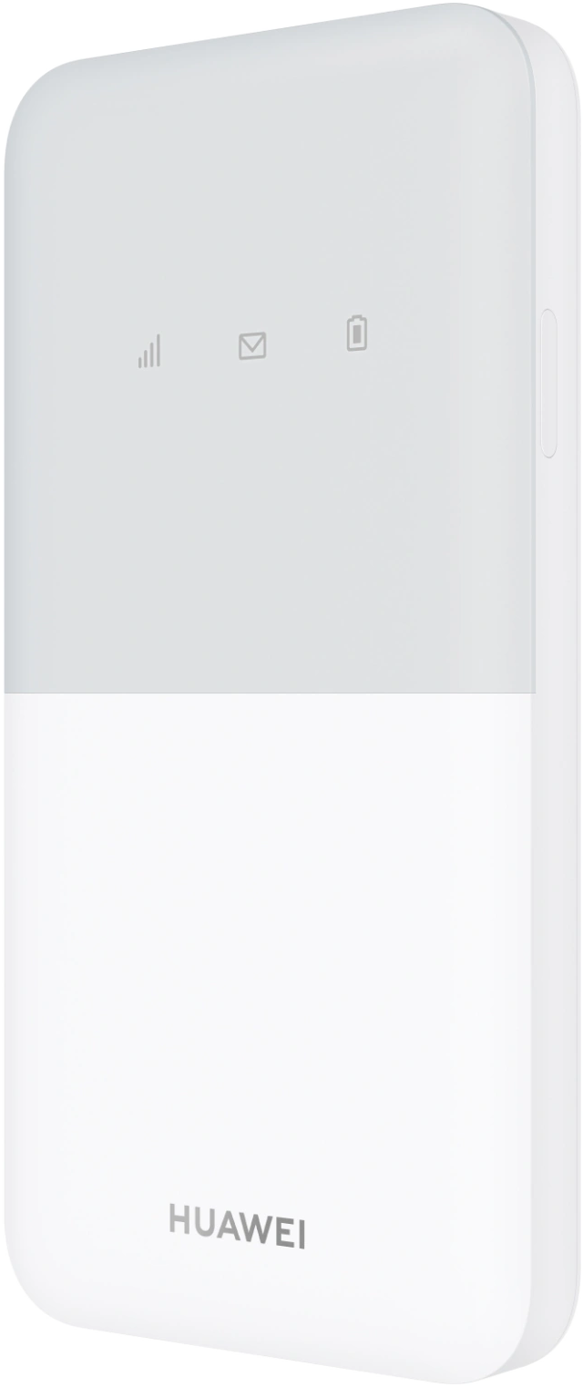 Egy fehér Huawei mobil WiFi eszköz. Van rajta jel, levél és akkumulátor ikon. Látható a Huawei logó.