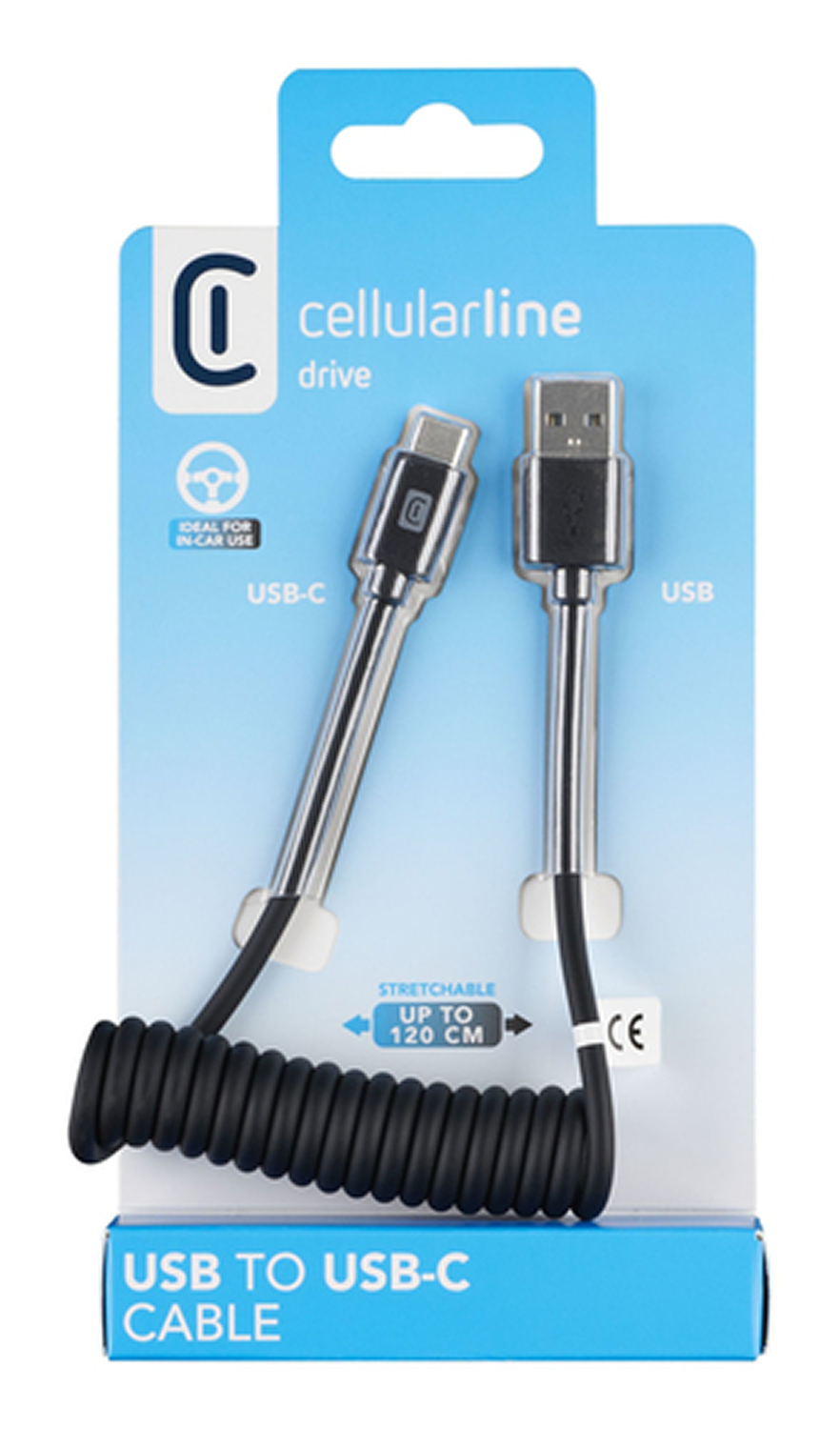 Paquete con un cable USB a USB-C. Es negro y plateado, con una sección en espiral. El paquete dice 'cellularline drive'.