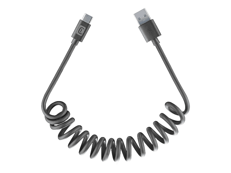 Cable - CellularLine SPIRAL, Extensible hasta 120 cm, Para coche, Anti-enredos, Acabado seda, USB a Tipo C, Negro