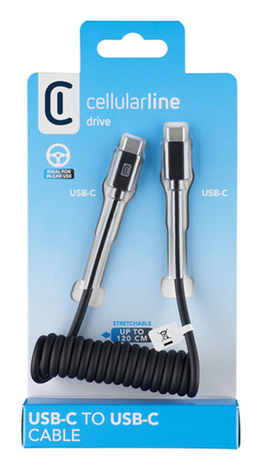 El paquete muestra dos cables USB-C plateados con cables en espiral negros. El texto dice 'cellularline drive' y 'USB-C to USB-C cable'.