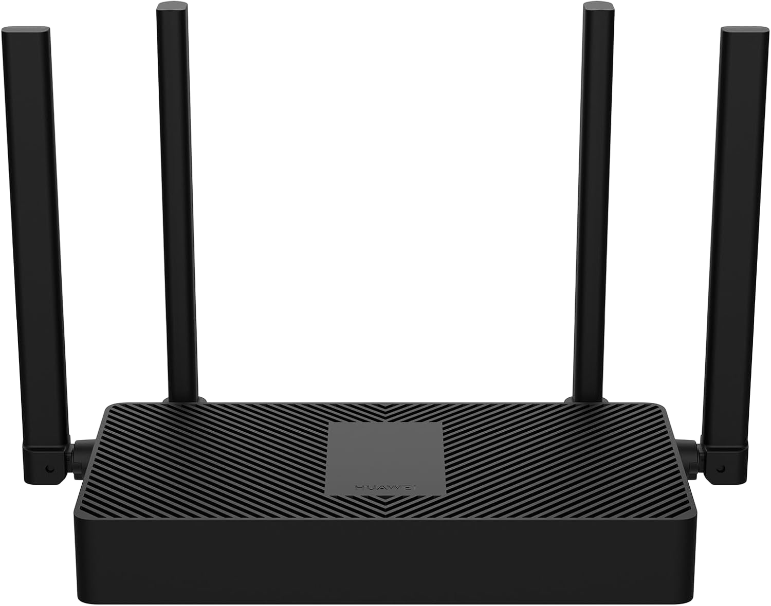 Egy fekete Huawei router négy antennával. A router téglalap alakú, texturált tetővel. A háttér fehér.