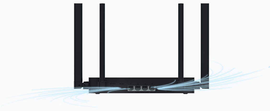 Fekete router négy antennával. A portok és a címkék alul láthatók. Kék vonalak erednek a portokból.