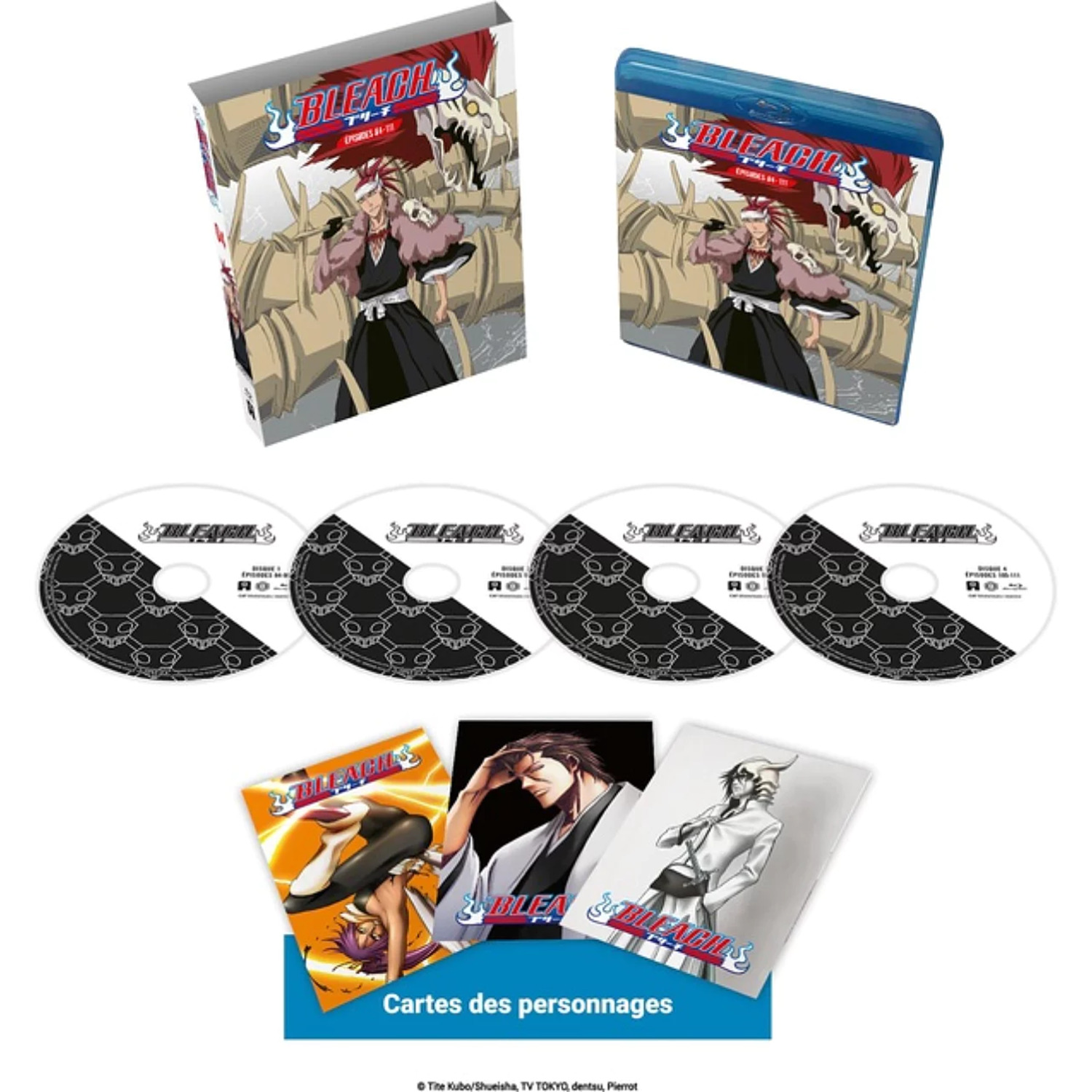 Bleach anime DVD set. Includes cases, discs, and character cards. Artwork features characters from the series. Text in English and Japanese.