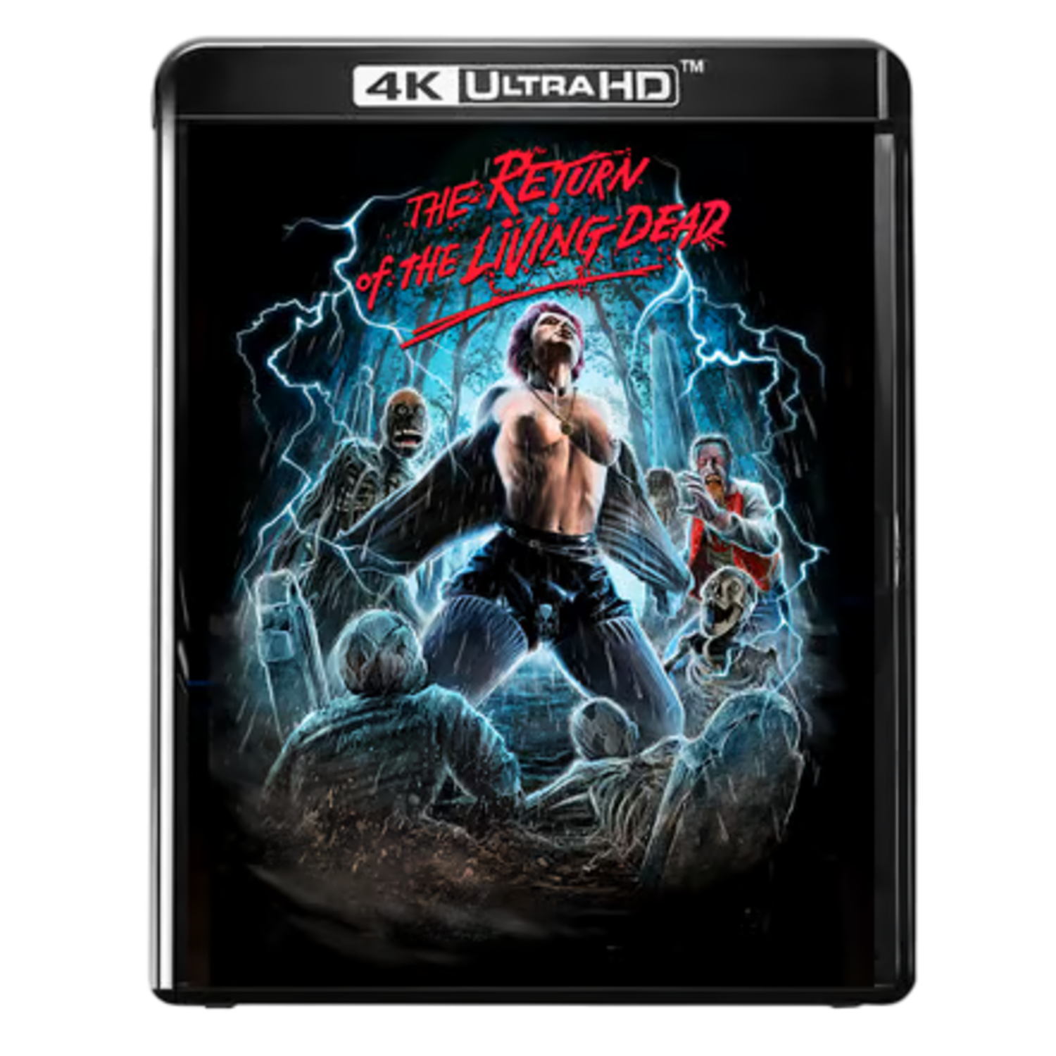 Filmposter van 'The Return of the Living Dead'. Een man omringd door zombies, met bliksem op de achtergrond.