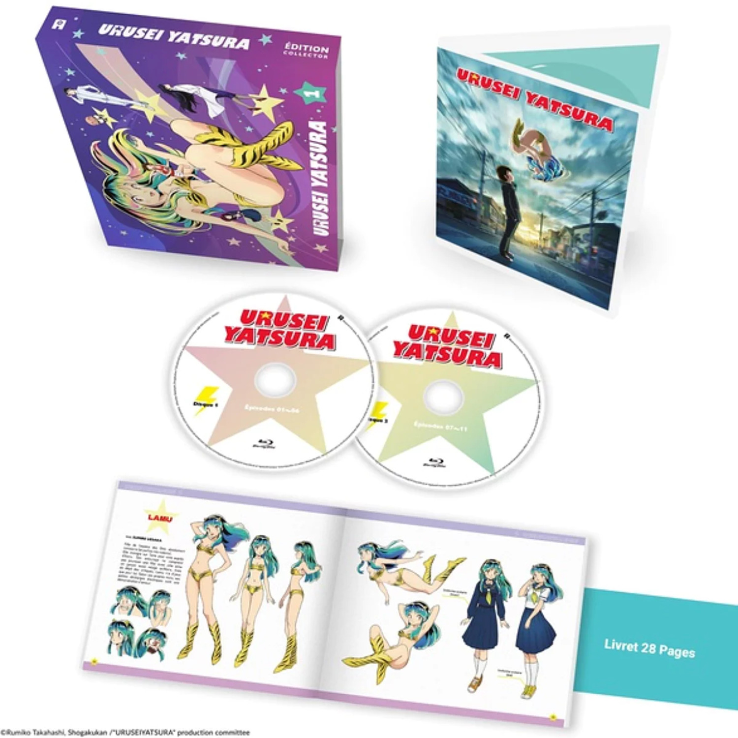 An Urusei Yatsura collection set, including a box, a booklet, two discs, and a card. The box and card feature anime art.