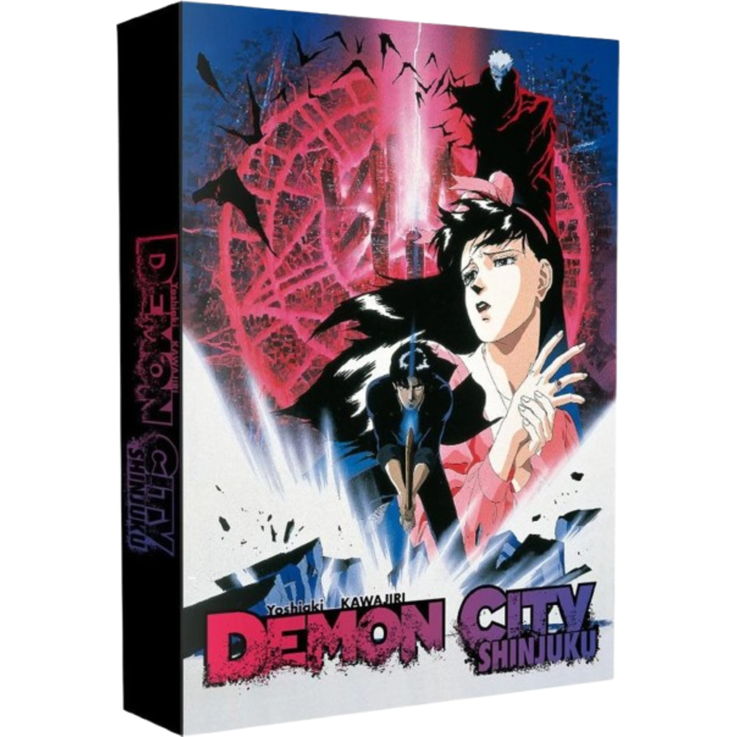 Anime box art. Een vrouw, een man en een schaduwfiguur zijn afgebeeld. De titel "Demon City Shinjuku" is zichtbaar.