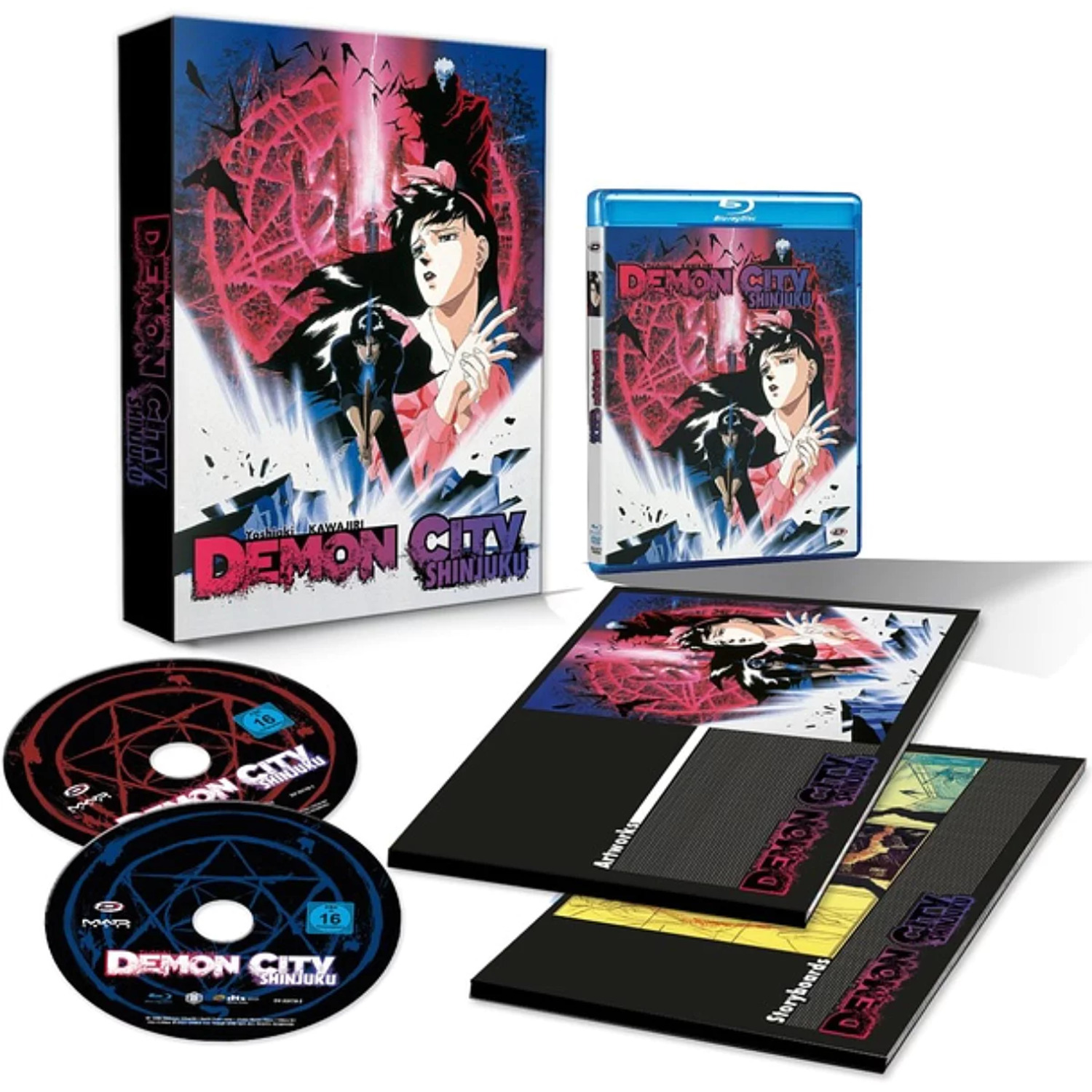 Anime boxset met schijven, Blu-ray en artbooks. Toont personages en de titel "Demon City Shinjuku".