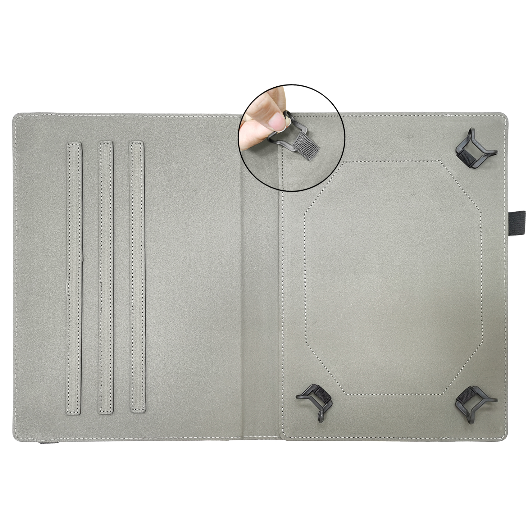 Una custodia grigia per tablet è aperta. Una mano regola una cinghia all'interno della custodia. La custodia ha tre fessure per schede.