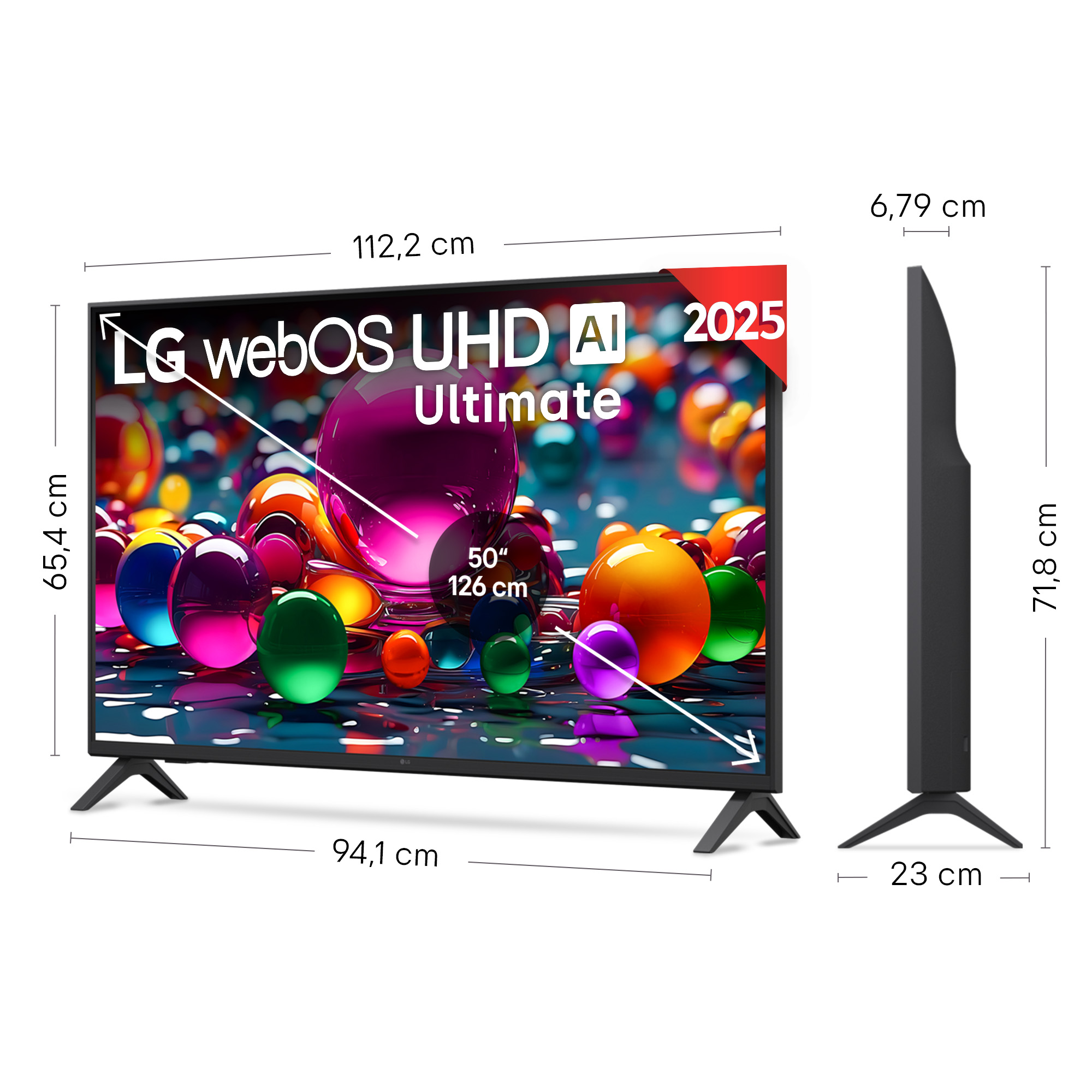 TV LG webOS UHD AI 2025. Marco negro, patas negras. Muestra esferas coloridas. Dimensiones en cm.