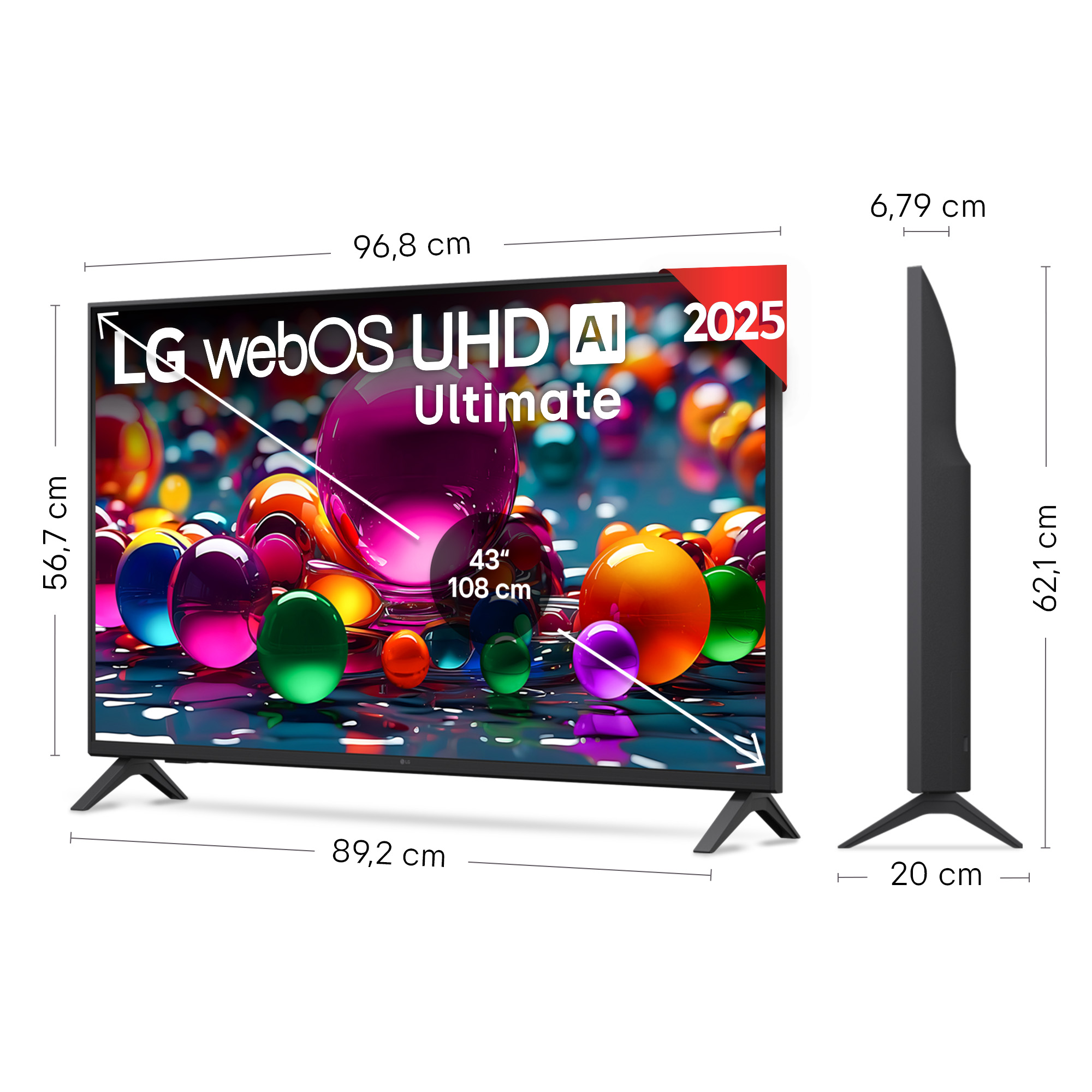 Un televisor muestra las dimensiones. Es un LG webOS UHD AI Ultimate 2025, 43 pulgadas, 108 cm. Se muestran las dimensiones.