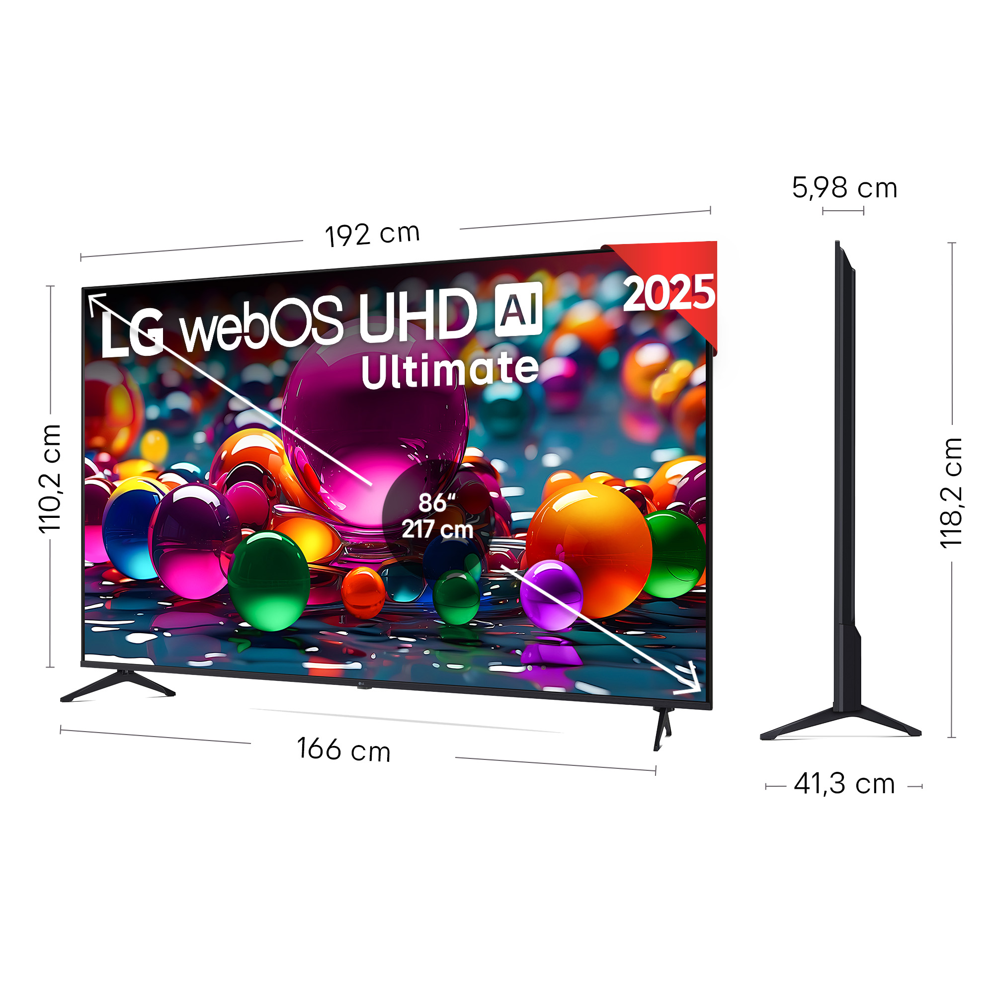 Un televisor inteligente LG con dimensiones mostradas. La pantalla muestra esferas coloridas. El televisor es negro con un soporte.
