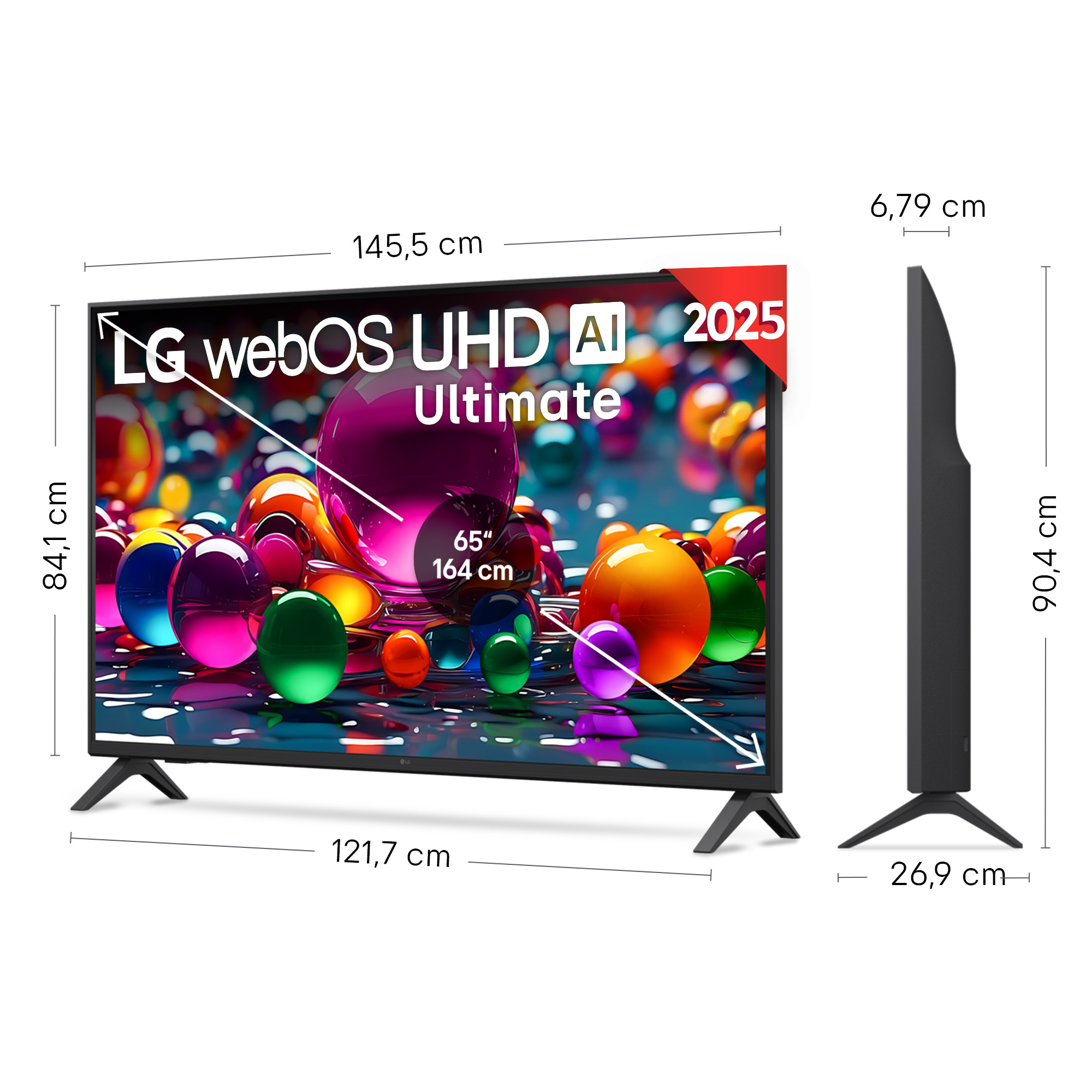 TV LG con webOS, UHD, AI y funciones 2025. Muestra un fondo abstracto colorido con esferas. Se proporcionan dimensiones.