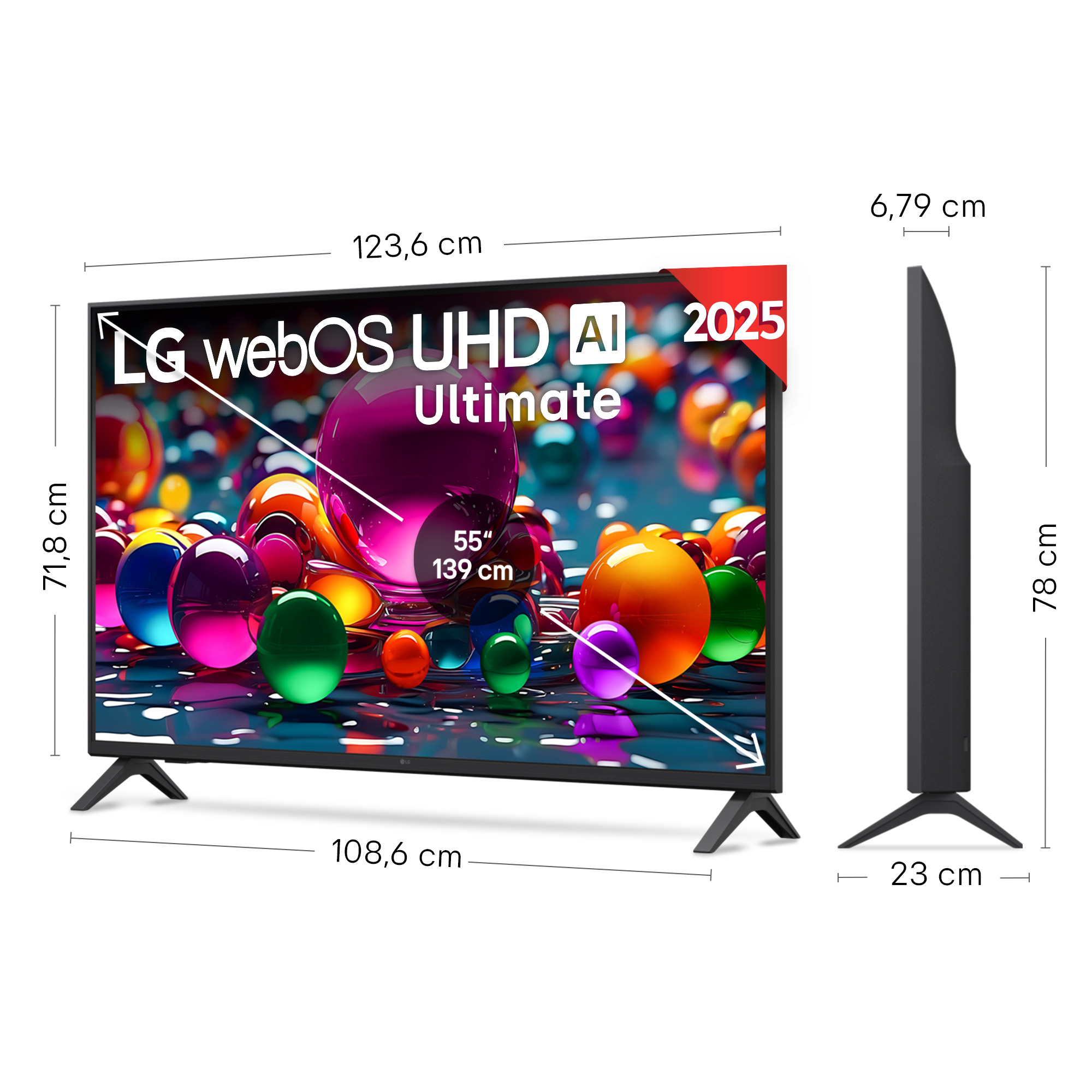 Televisor LG webOS UHD AI 2025. Se muestran las dimensiones. La pantalla muestra orbes coloridos. Soporte negro en la parte inferior.