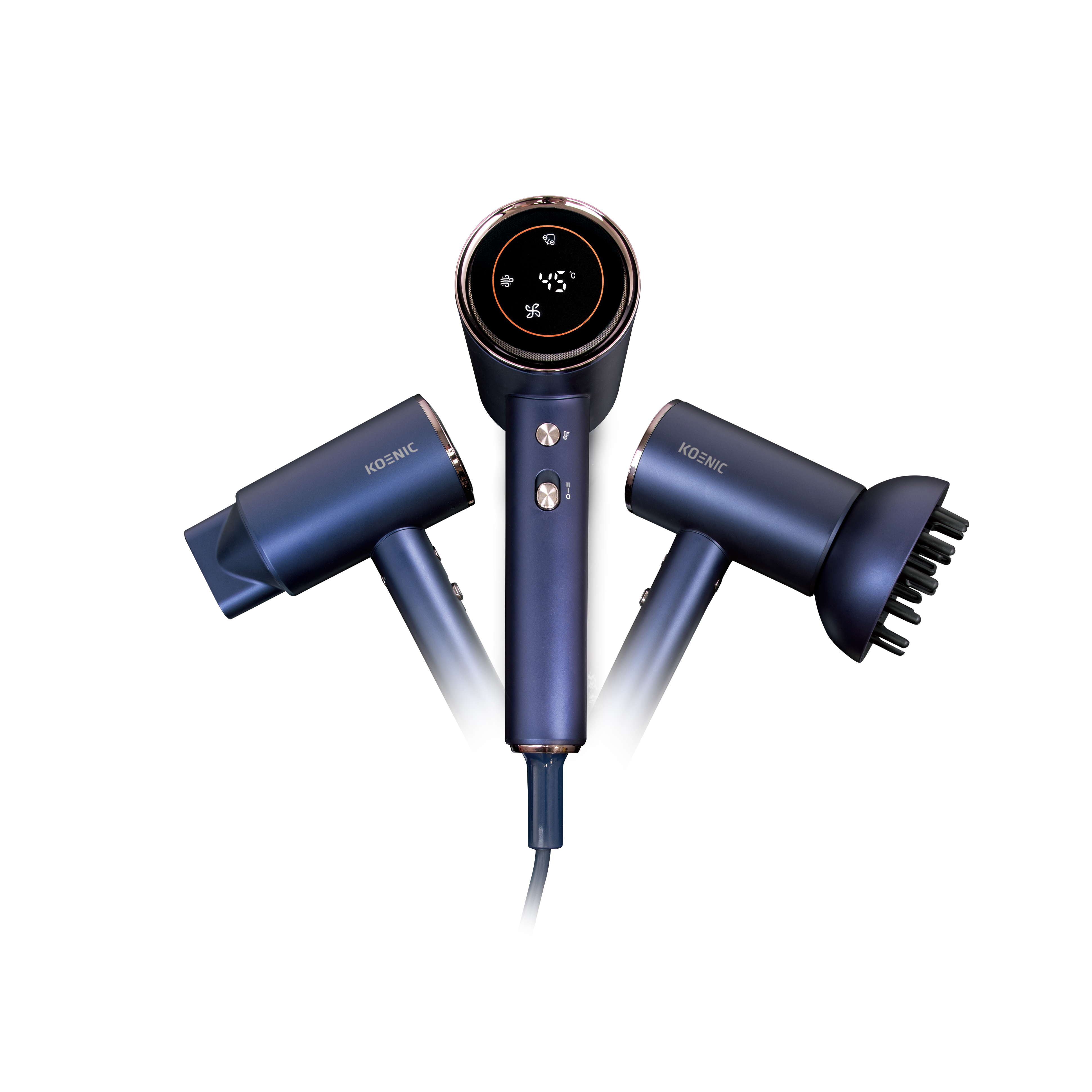 Niebieski zestaw suszarki do włosów Koenic na czarnym tle. Zawiera suszarkę, nasadki i panel sterowania 45°C.