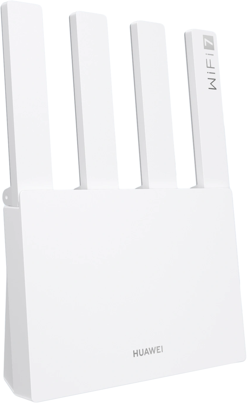 Fehér Huawei WiFi 7 router négy antennával. A logó látható az elején.